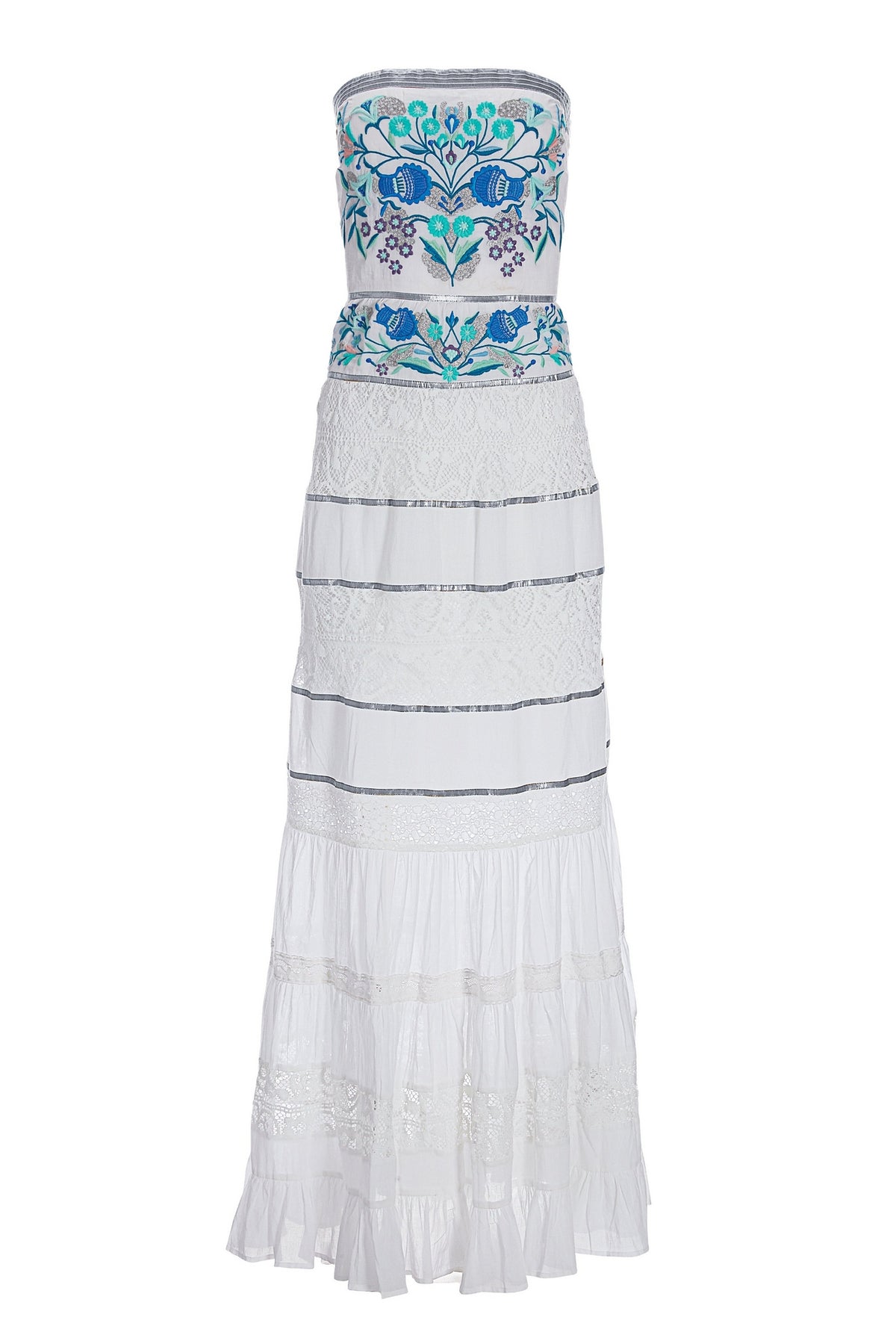 Embroidered and Embellished Lace Inset Maxi White Blue Multi