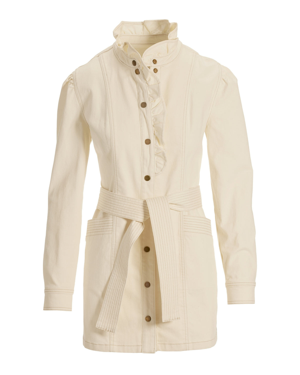 Ruffle Trim Denim Utility Jacket Off White