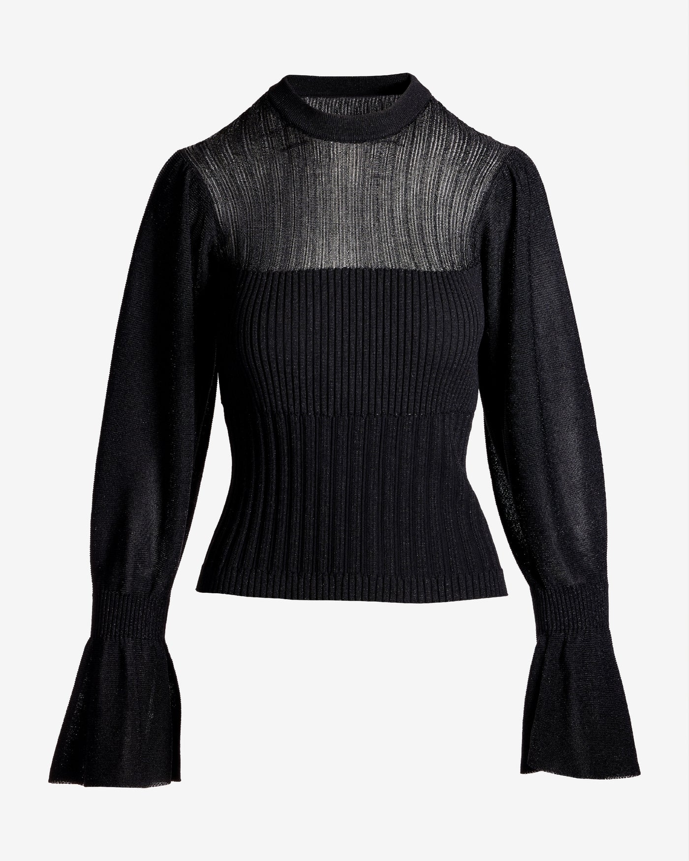 Ribbed Sheer Flare Sleeve Sweater Black