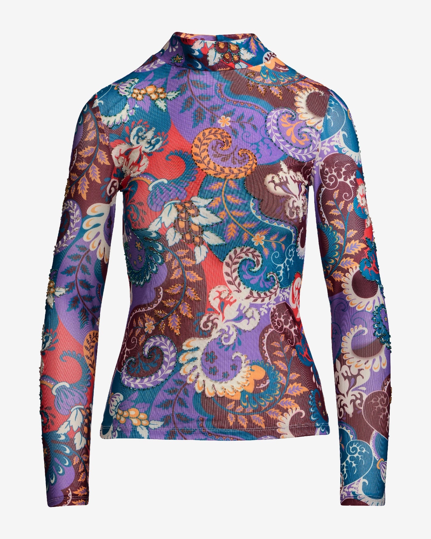Mesh Print Beaded Turtleneck Central Park Paisley