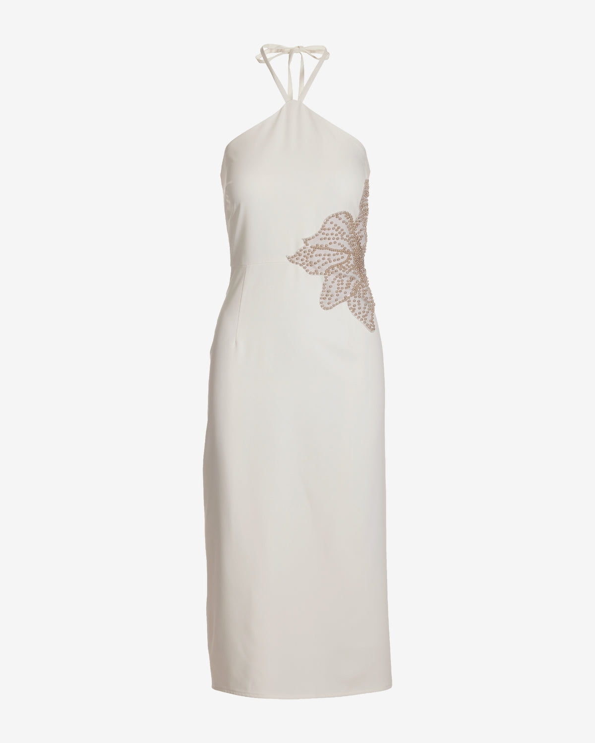 Pearl Embellished Flower Halter Column Dress White