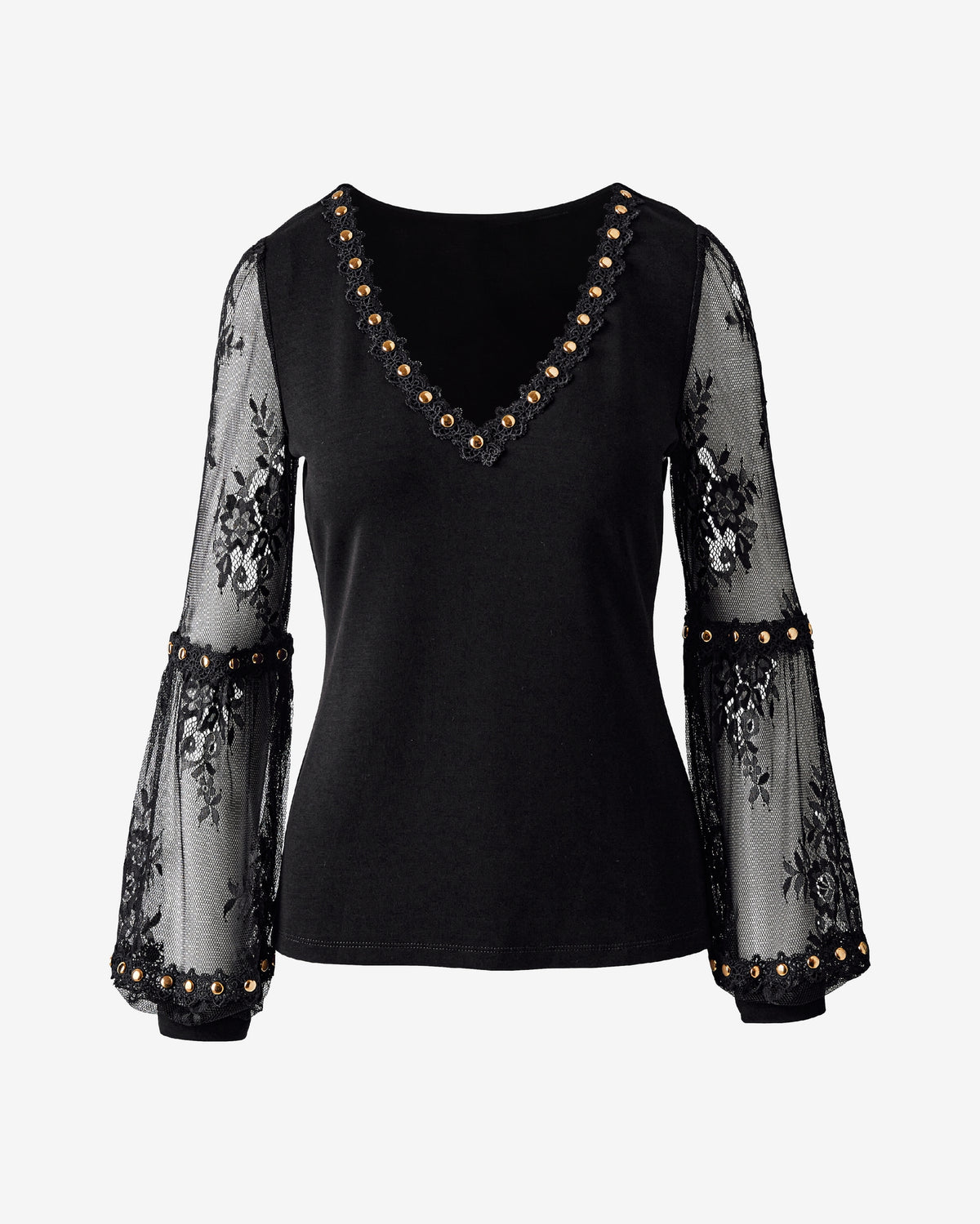 V Neck with Lace and Stud Trim Black