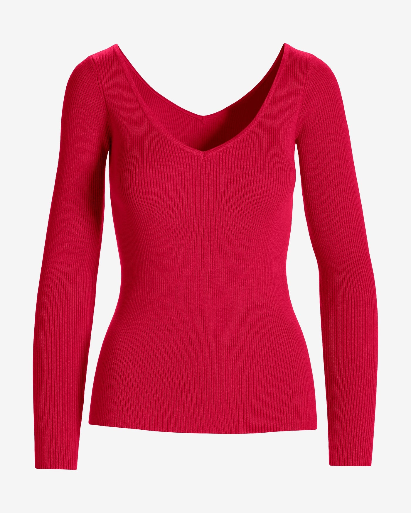 Ribbed Double-V Long Sleeve Sweater Lipstick Red