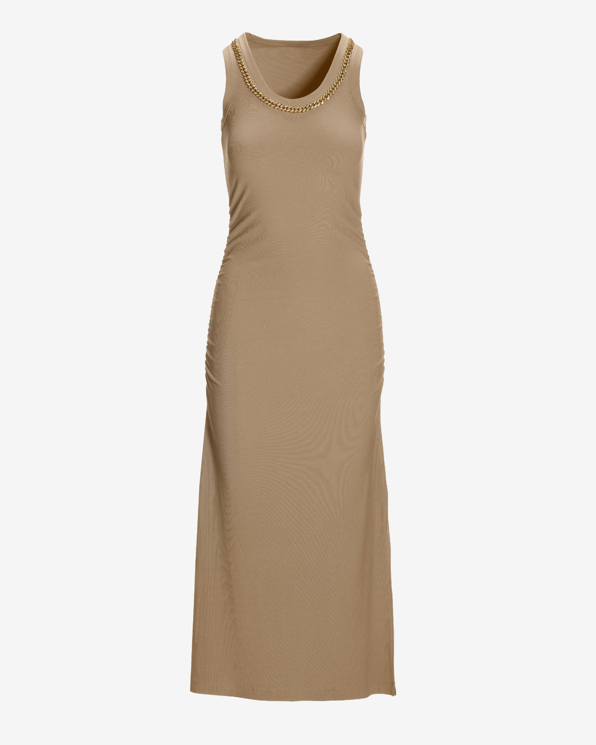 Chain Detail Scoop Neck Ribbed Midi Dress Sesame