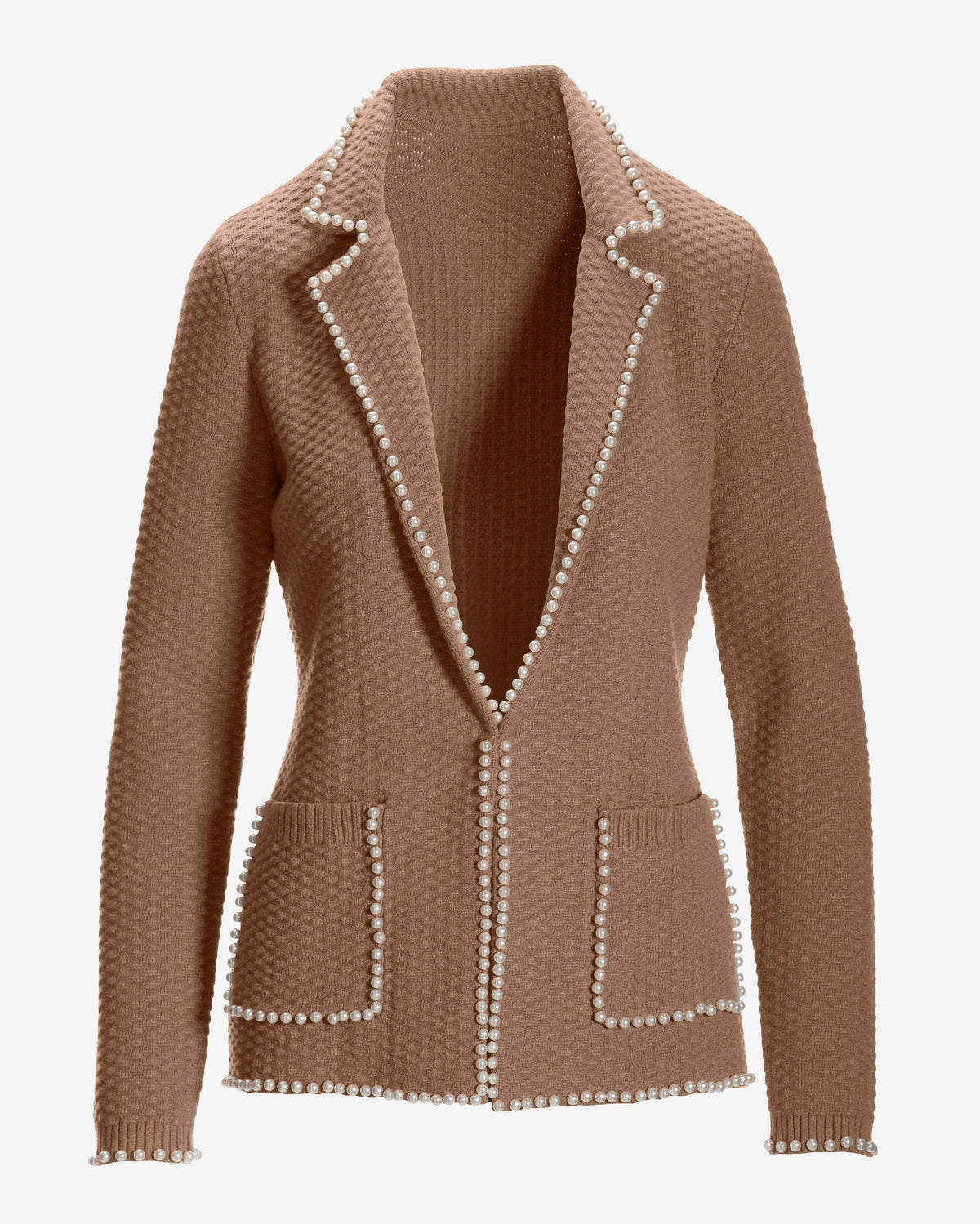 Pearl Embellished Sweater Blazer Tan