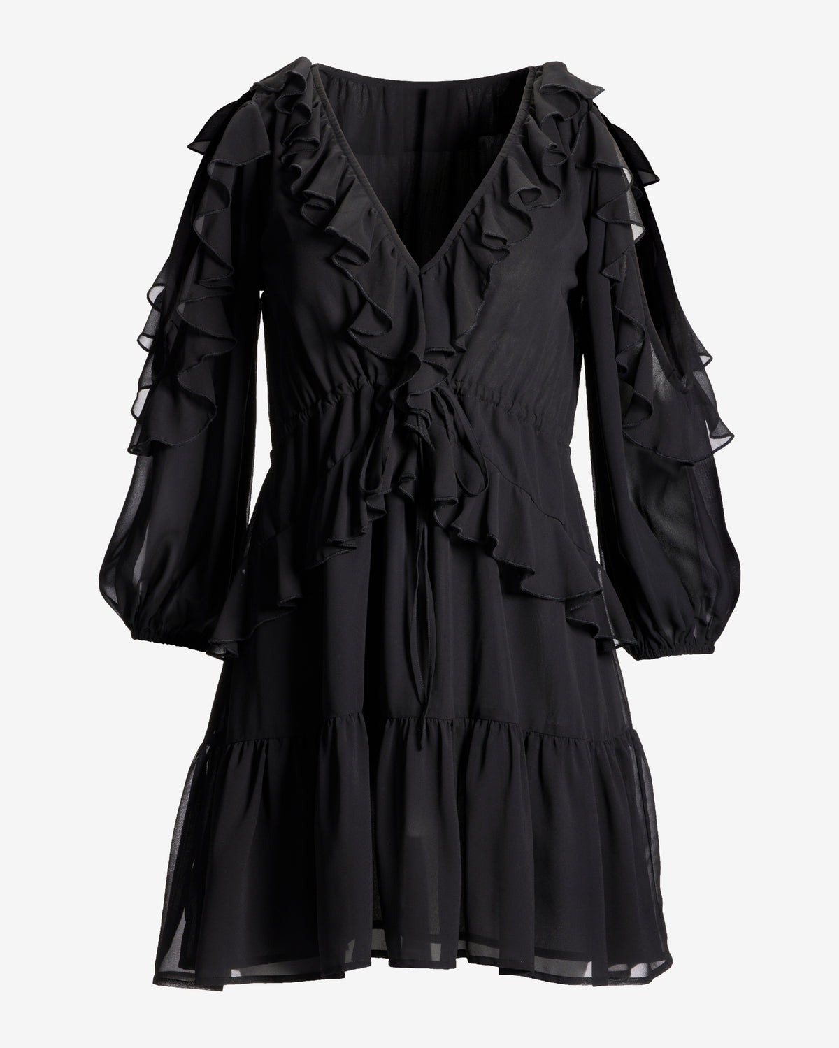 Cold Shoulder Ruffle Detail Boho Peasant Dress Black