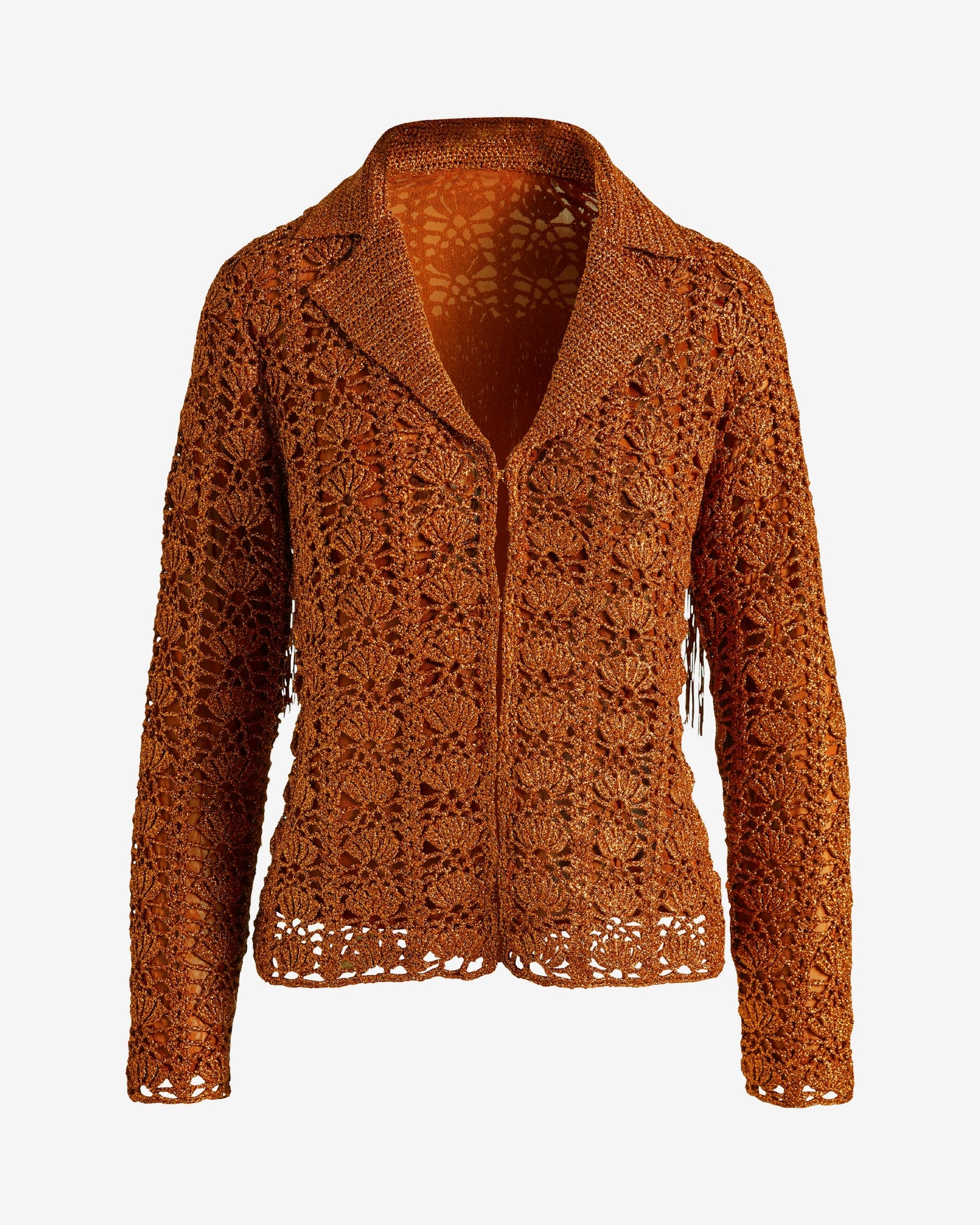 Crochet Fringe Collared Sweater Jacket Toffee