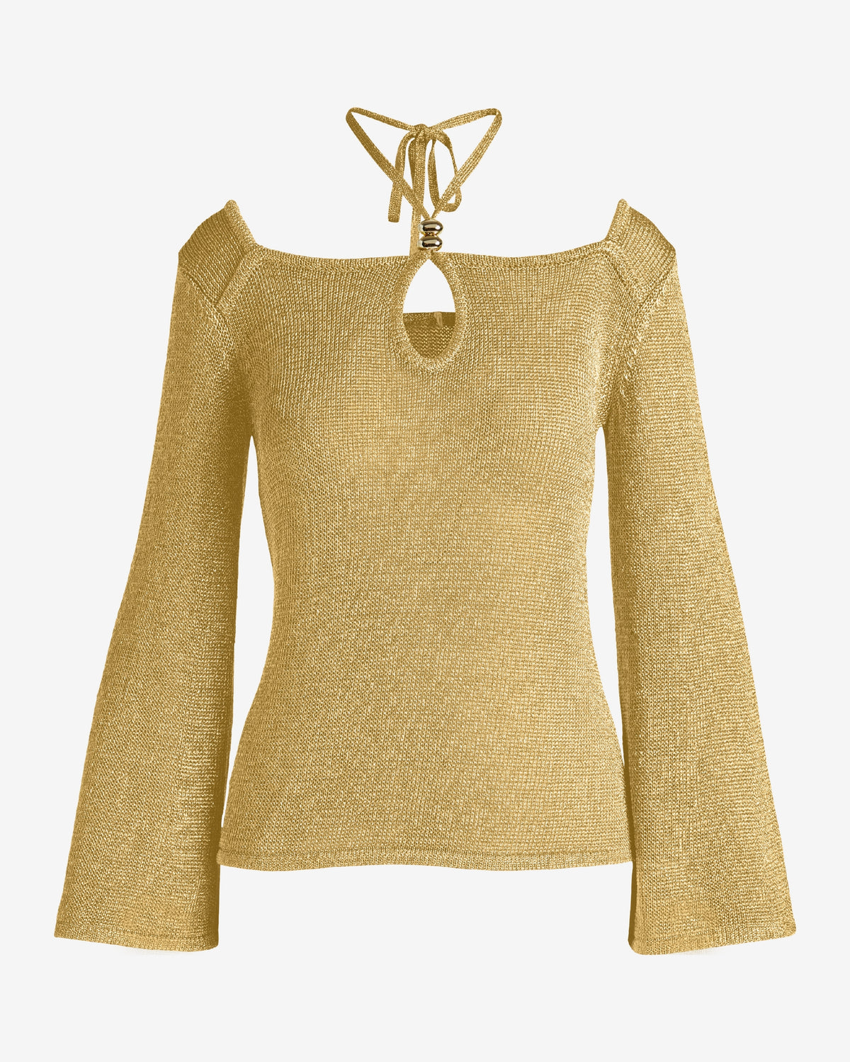 Keyhole Cut Out Flare Sleeve Metallic Sweater with Strap Detail Gold Metallic
