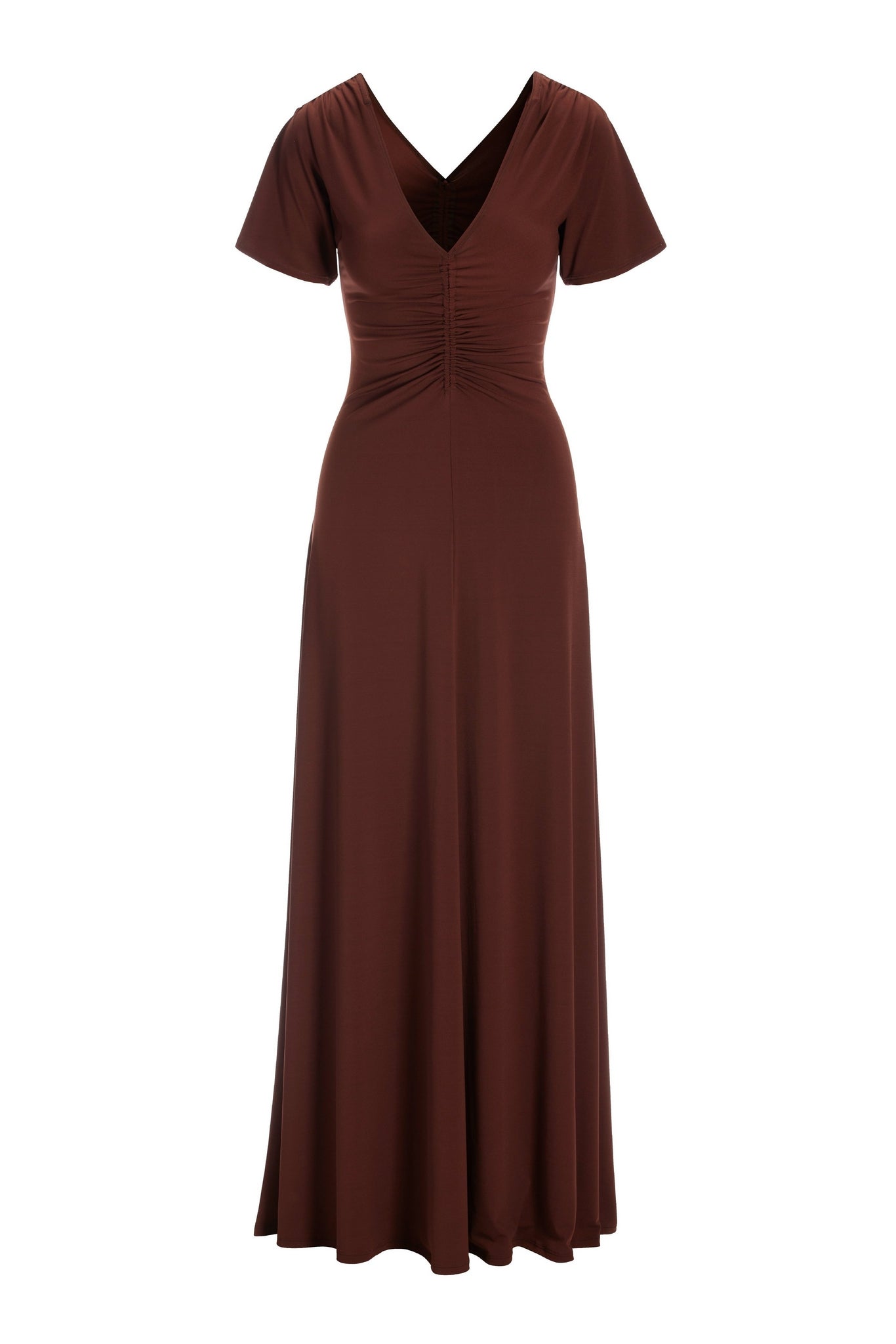 Ruched Detail V Neck Knit Maxi Dress Bitter Chocolate