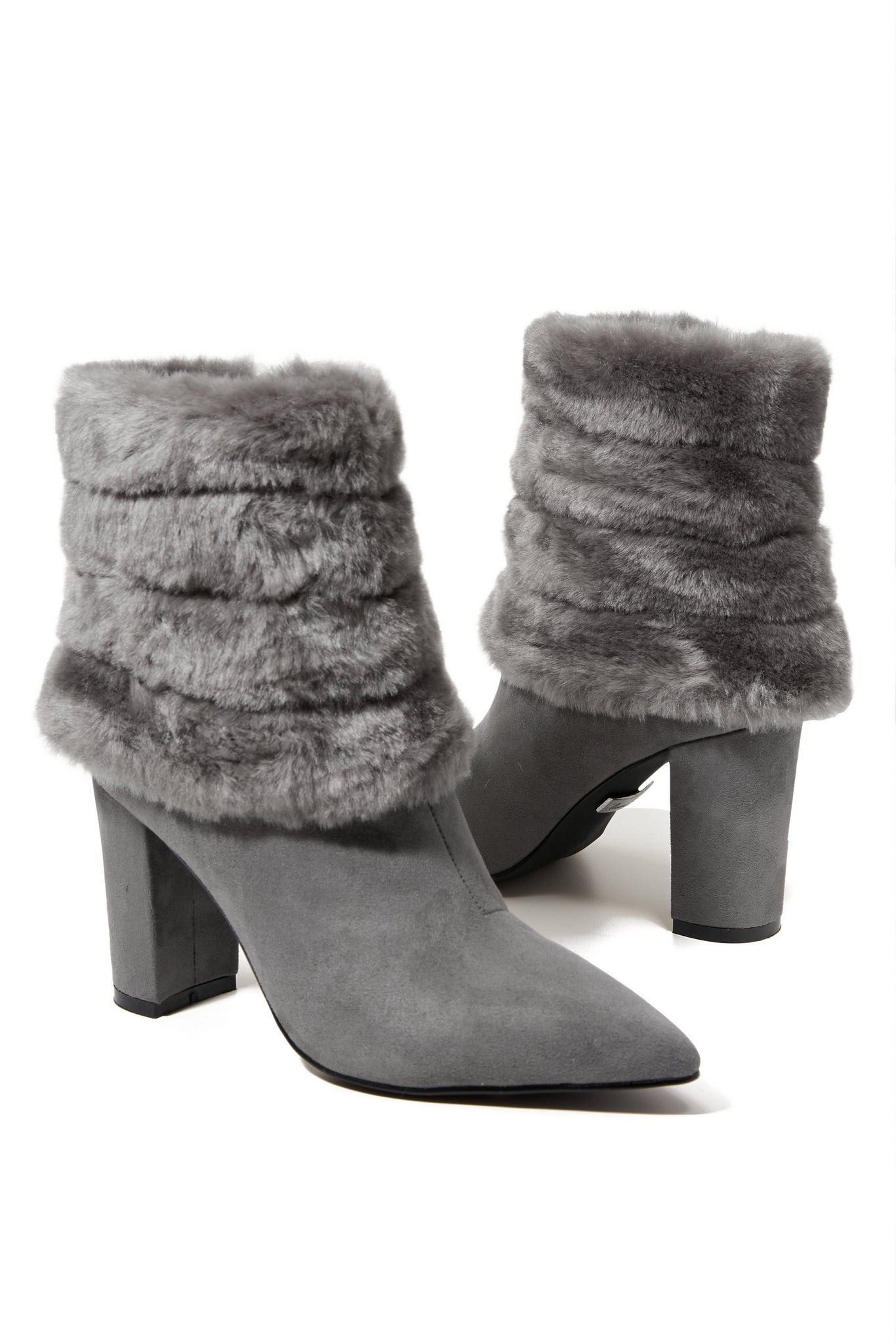 Fur Trim Suede Ankle Bootie Gray