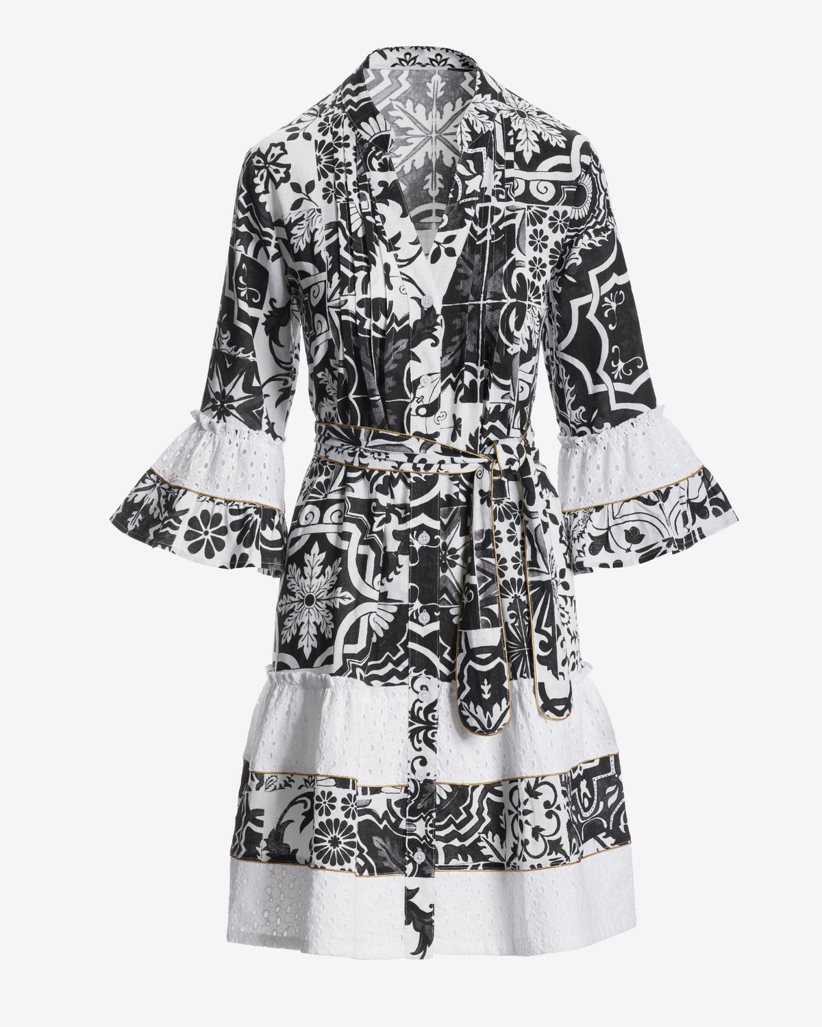Chic Tiles Print Eyelet-Inset Tiered A-Line Dress Black/White