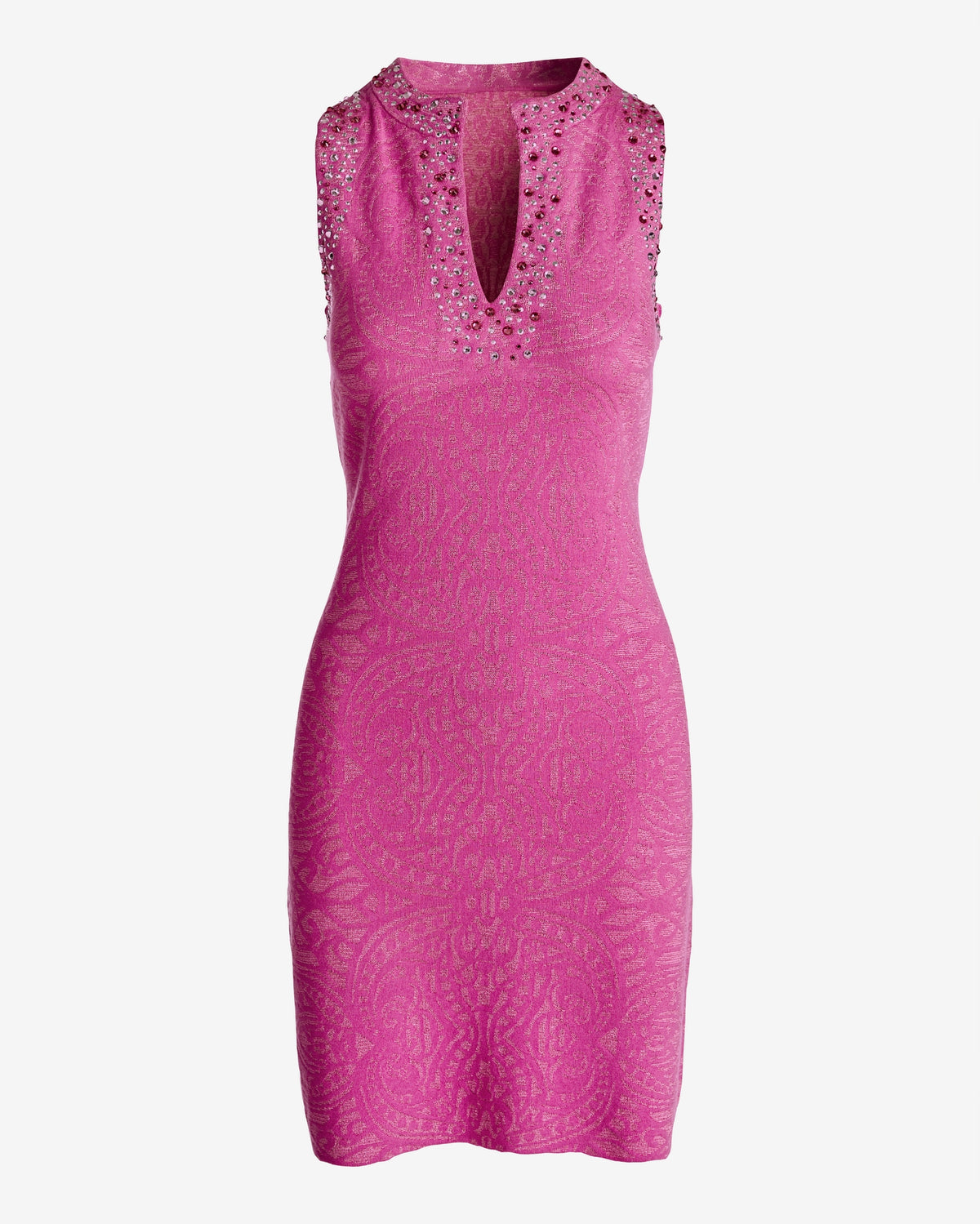 Embellished Knit Jaquard Sleeveless Dress Magenta
