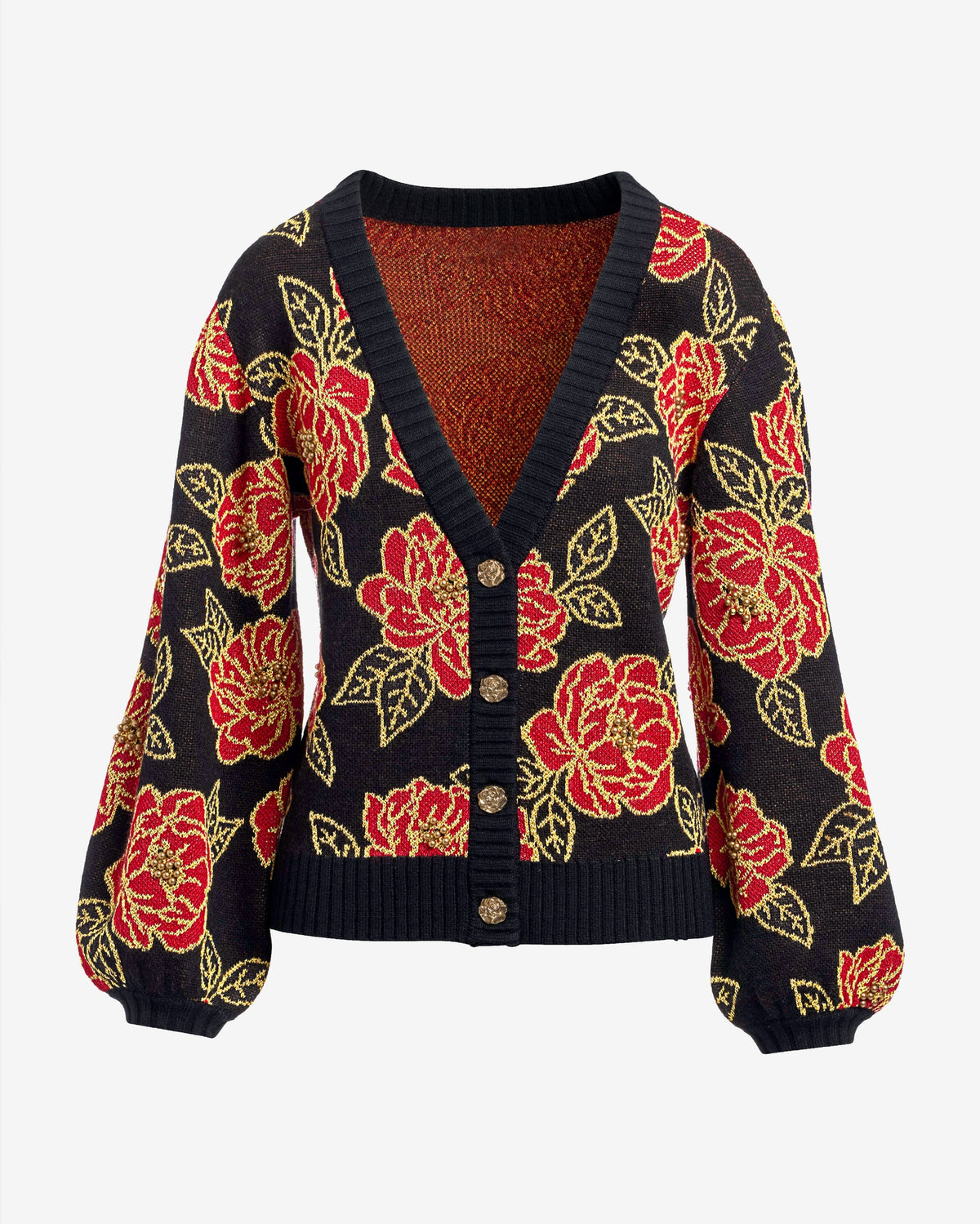 Floral Printed Button Up Cardigan Intarsia Rose