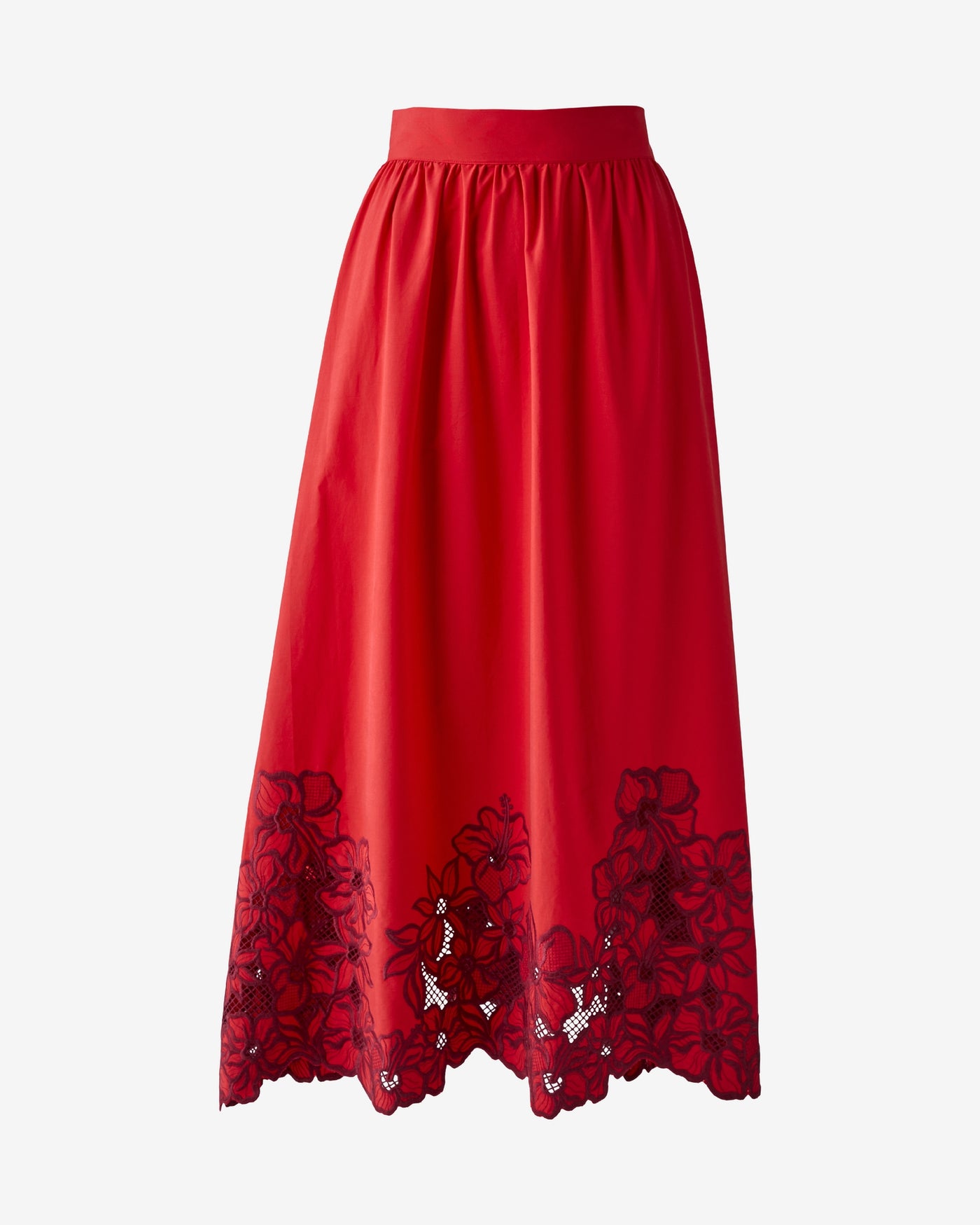 Eyelet Cutout Embroidered Midi Skirt Tomato Red