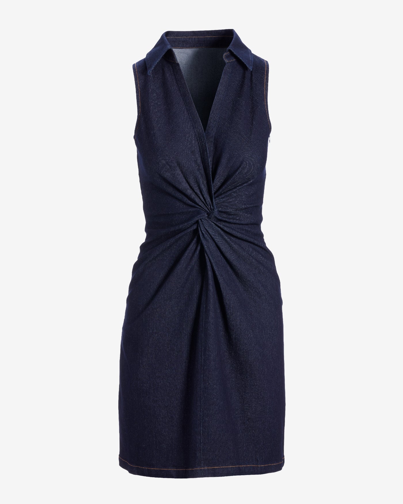 Stretch Denim Knot Waist Collared Shift Dress Rinse