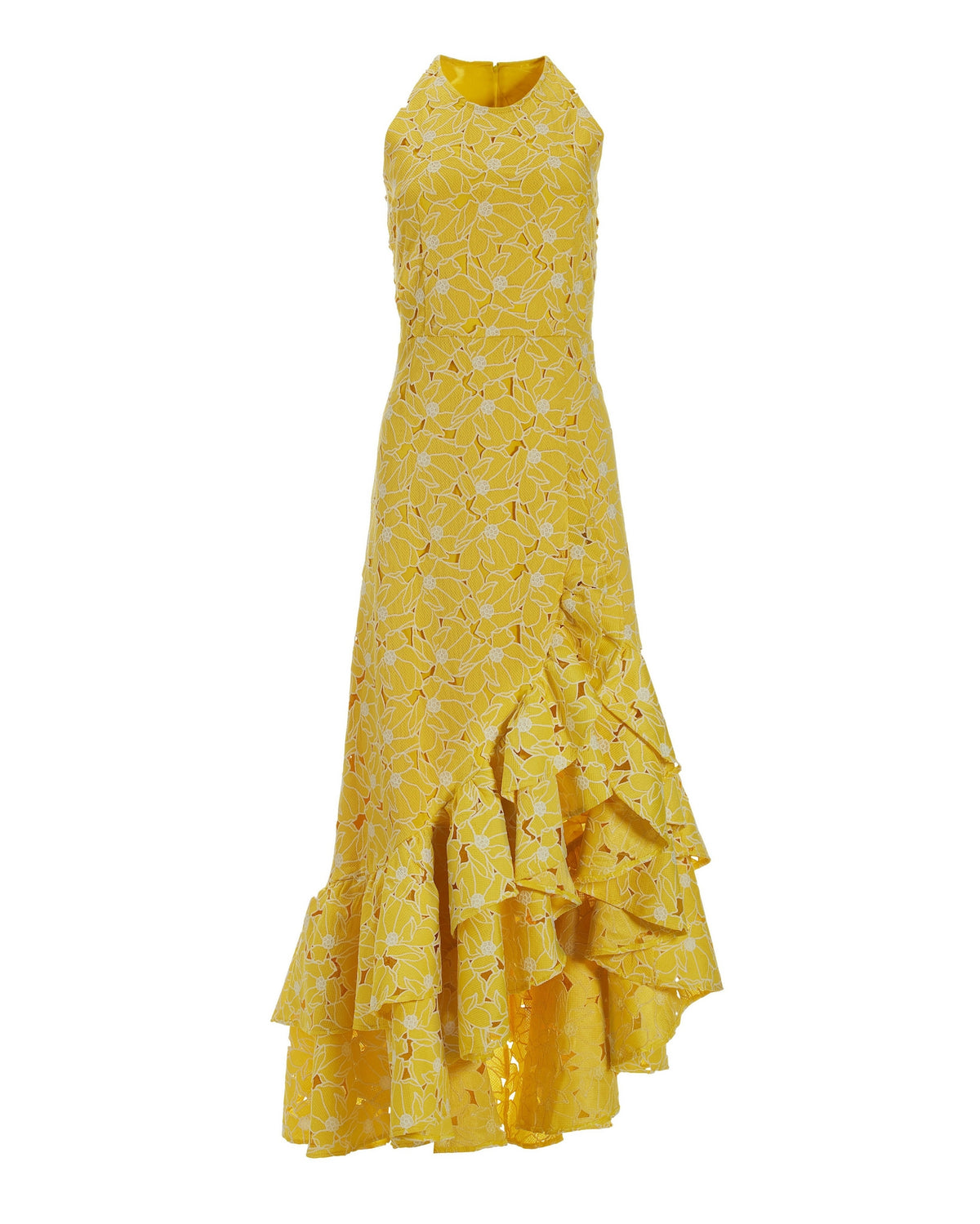 High-Neck Lace Ruffle Gown Yellow