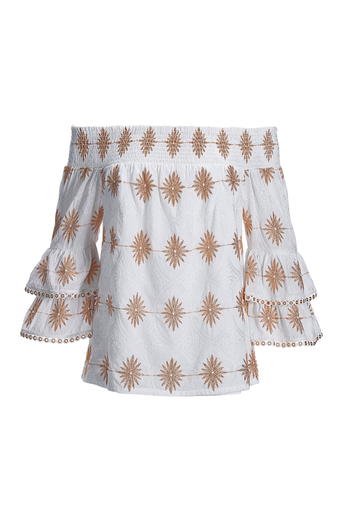 Metallic Off-The-Shoulder Tiered-Sleeve Blouse White Multi