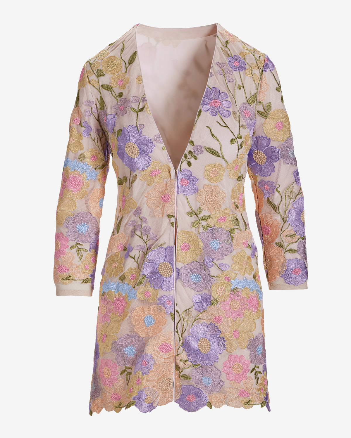 Pastel Embroidered Mesh Three Quarter Sleeve Hip Length Duster Pink Multi