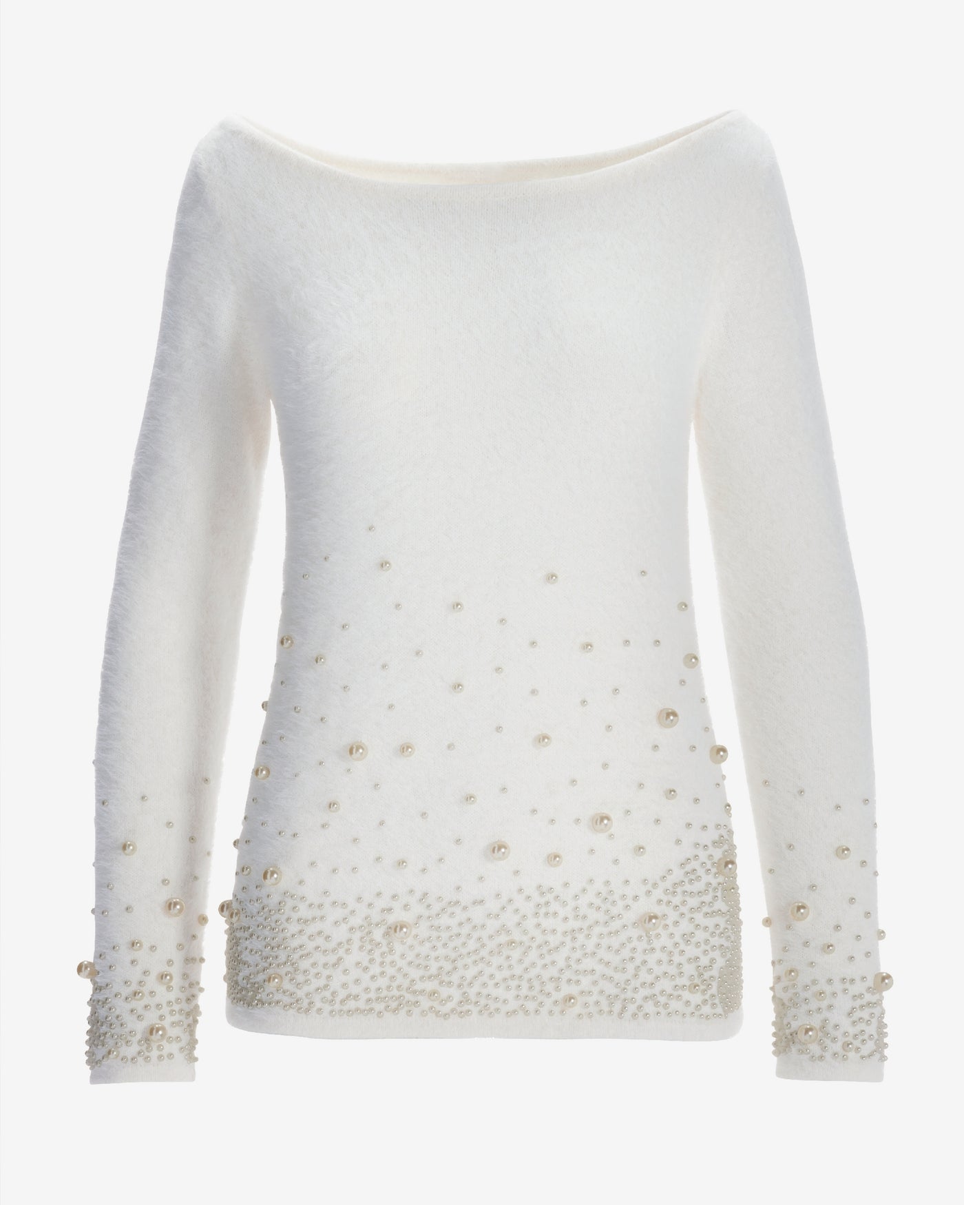 Plush Pearl Embellished Boatneck Sweater Off White