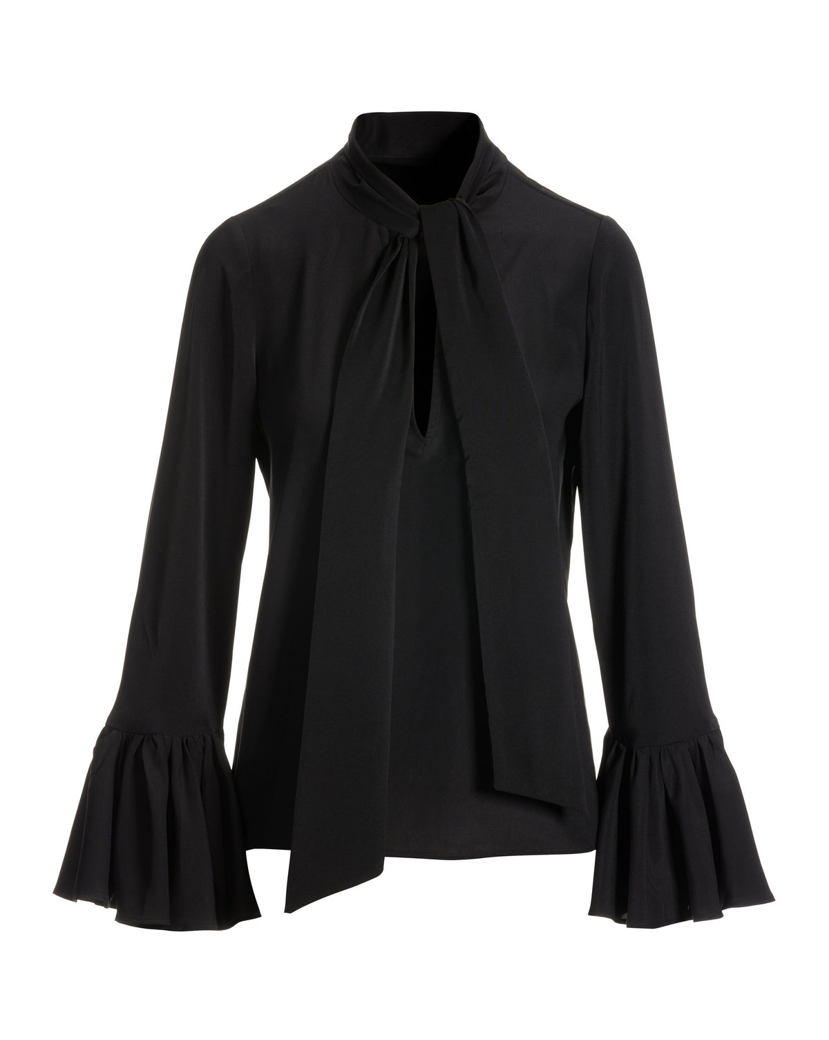 Keyhole Tie Neck Ruffle Sleeve Blouse Black