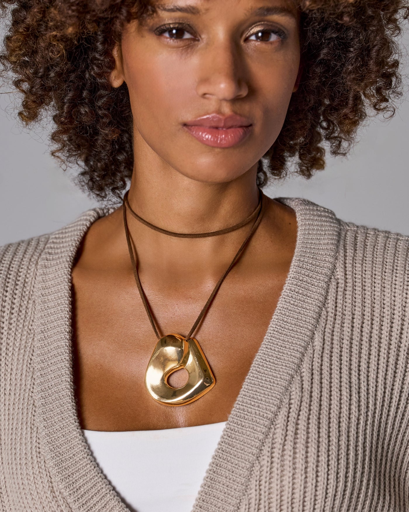 Hardware Suede Tie Necklace Brown