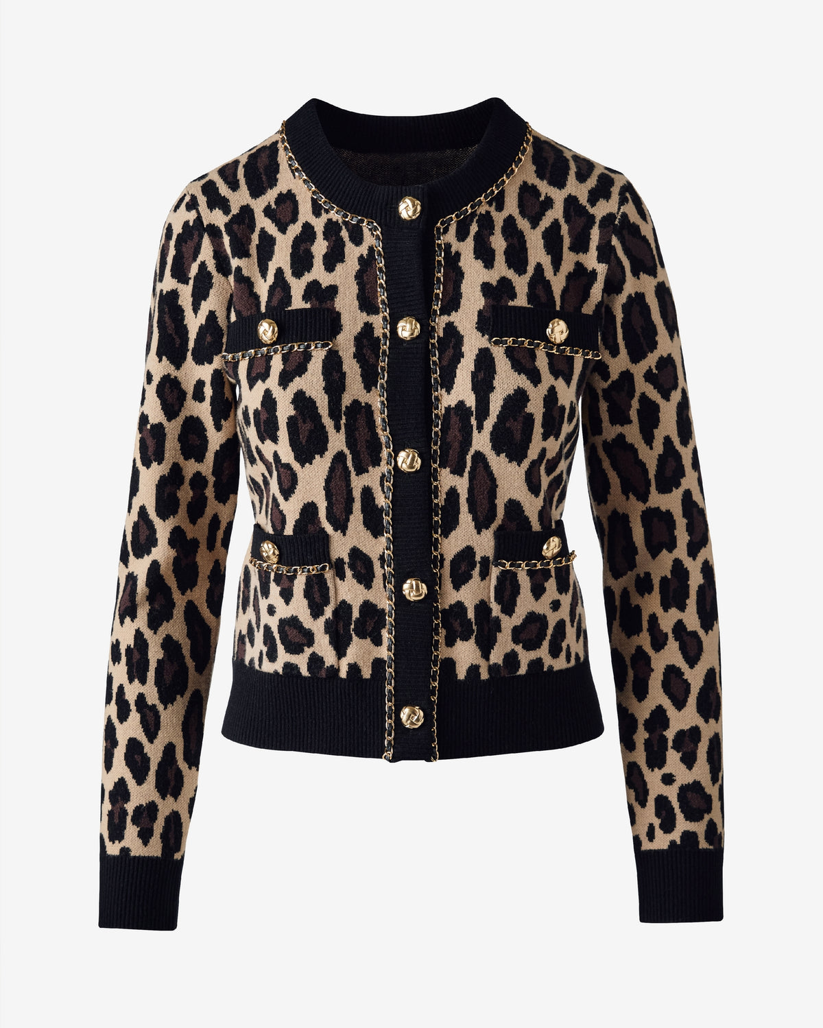 Printed Jacquard Chain Detail Button Front Cardigan Golden Cheetah Jacquard