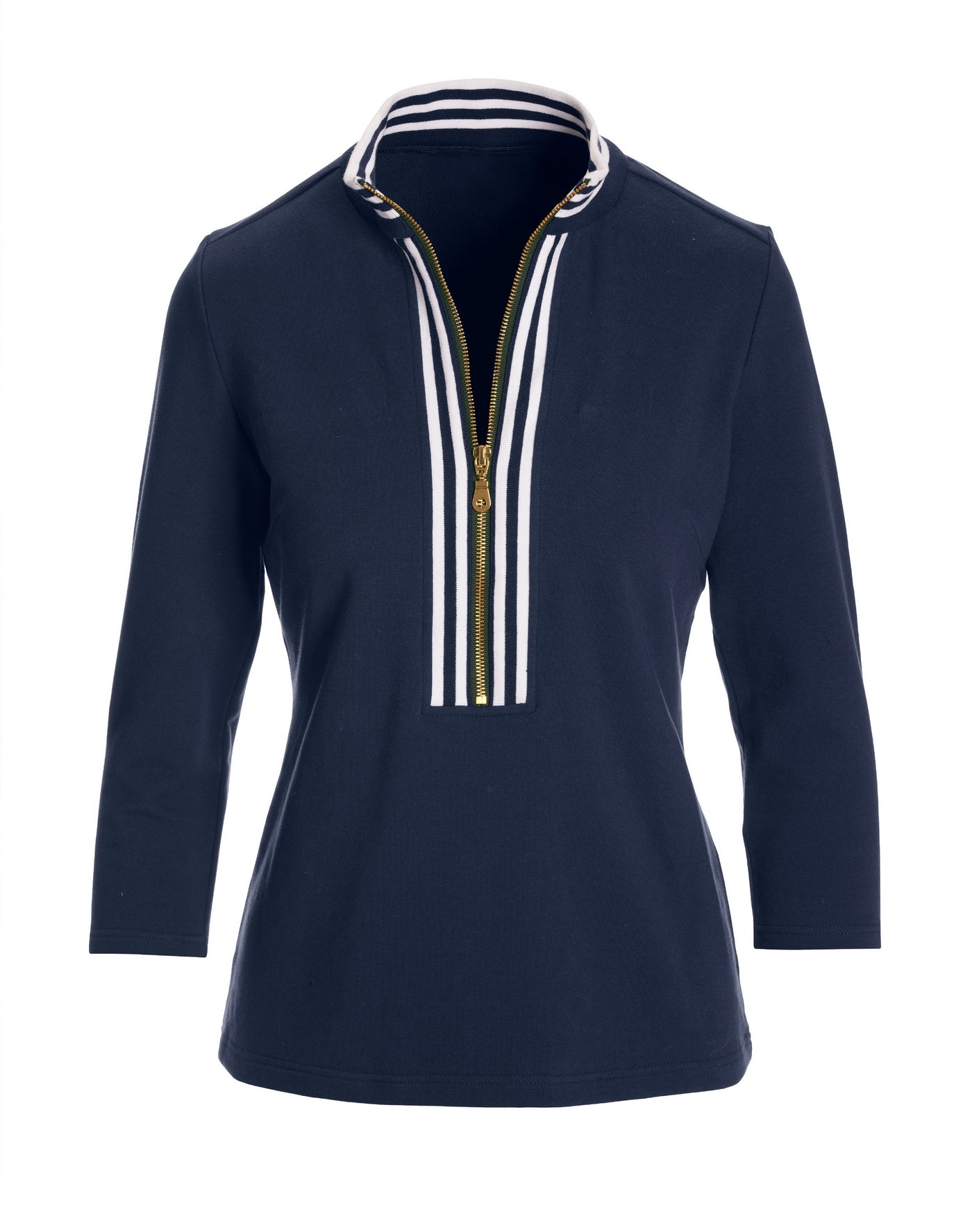 Striped French Terry Hardware Zipper Top Navy/White
