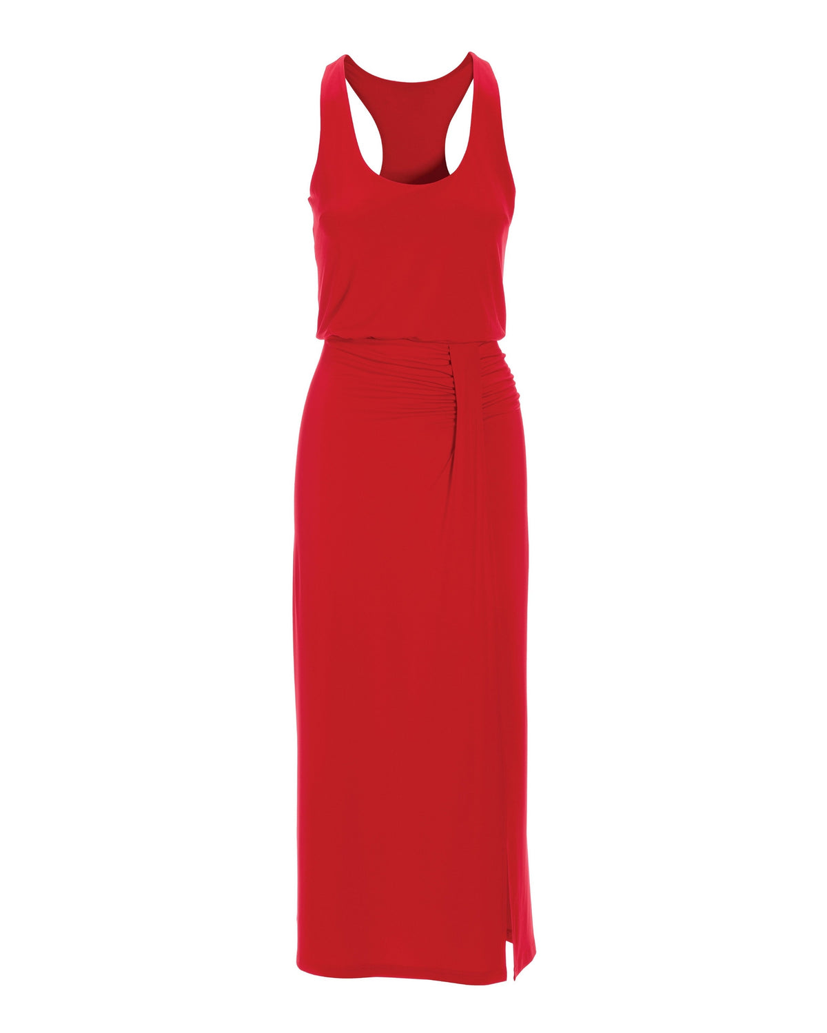 Scoop-Neck Blouson Slit Midi Dress Tomato Red