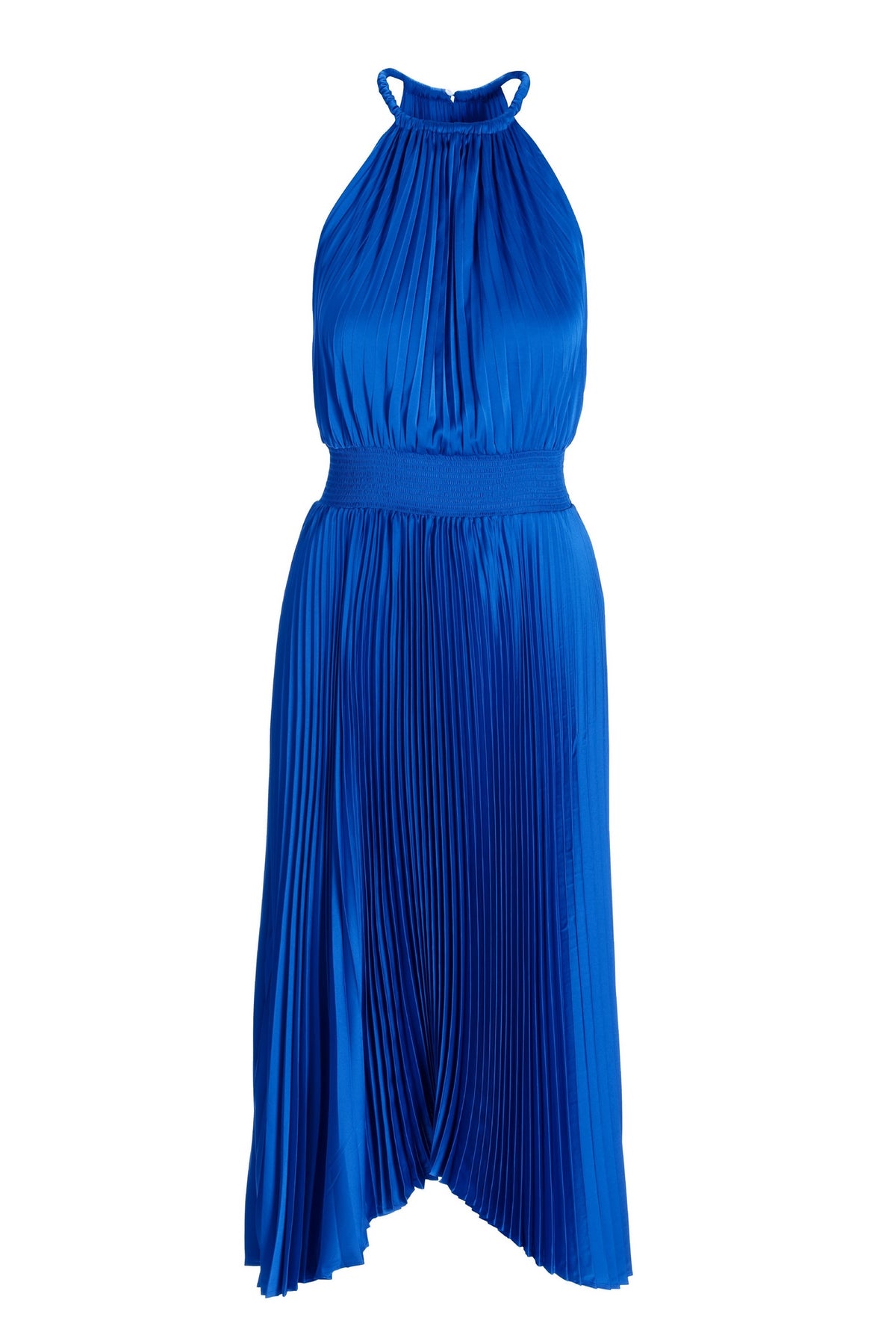 Pleated High Neck Blouson Midi Dress Lapis Blue