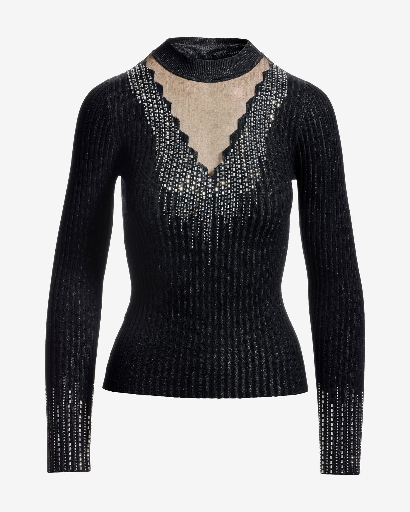 Rhinestone Embellished Mesh Illusion Sweater Proper Black