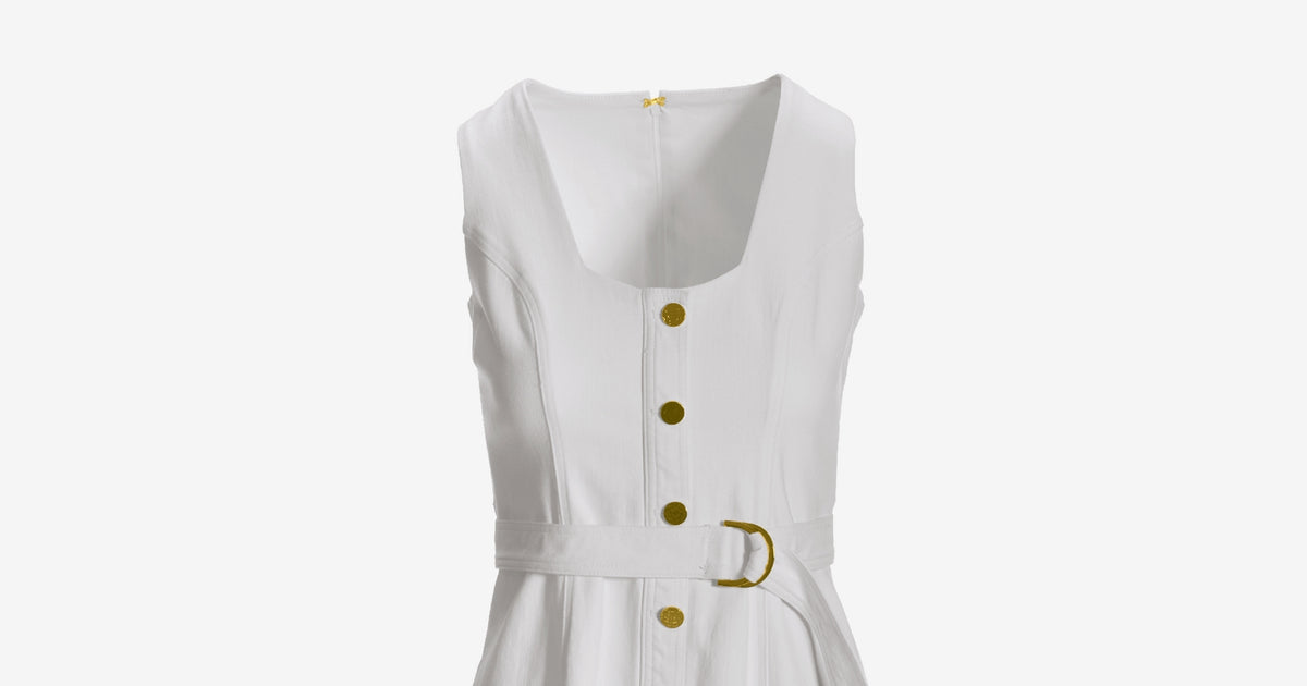 Square Neck Button Up Denim A line Midi Dress - White | Boston Proper Square Neck Button Up Denim A line Midi Dress - White | Boston Proper
