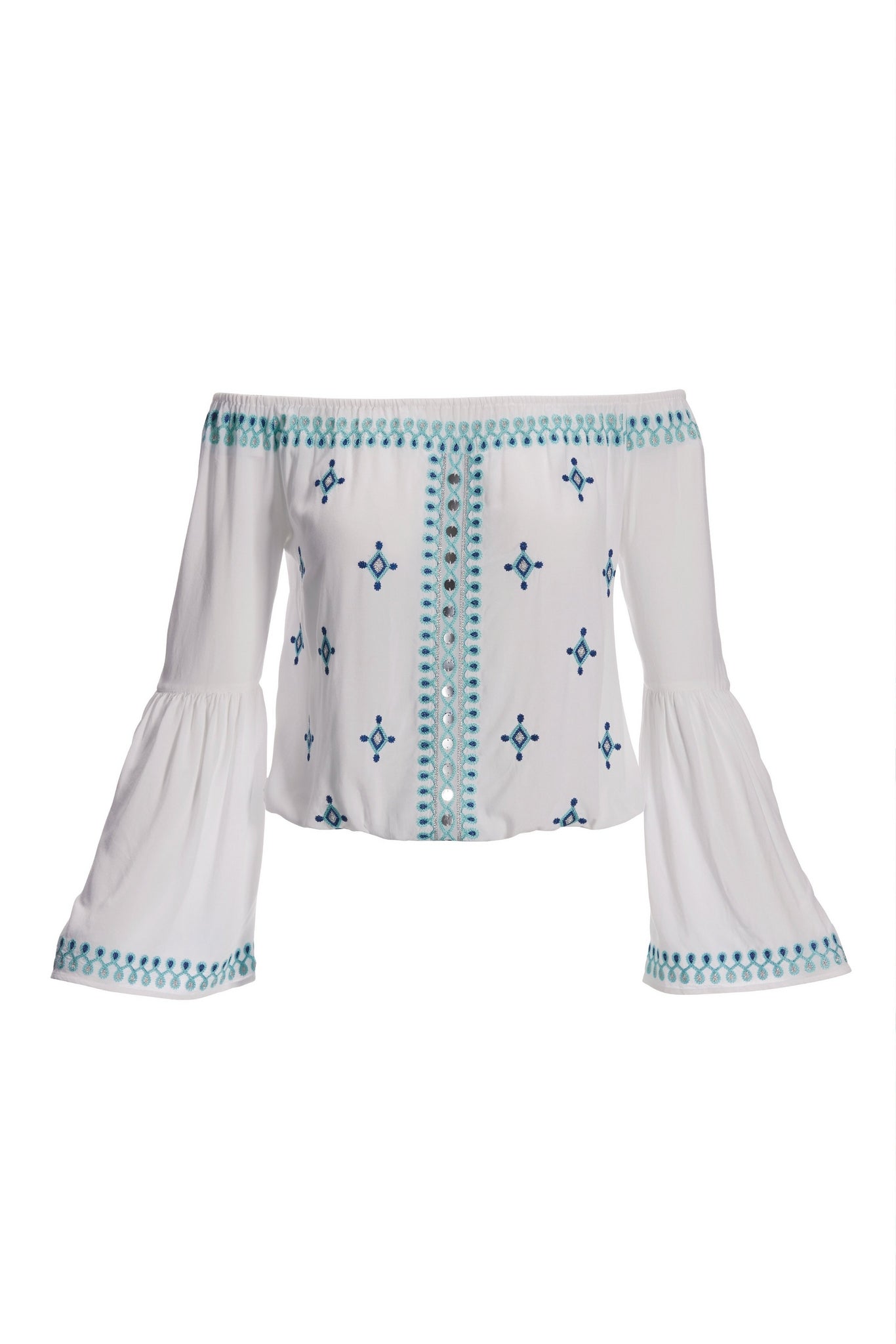 Mirror Embellished and Embroidered Off The Shoulder Top White/Blue
