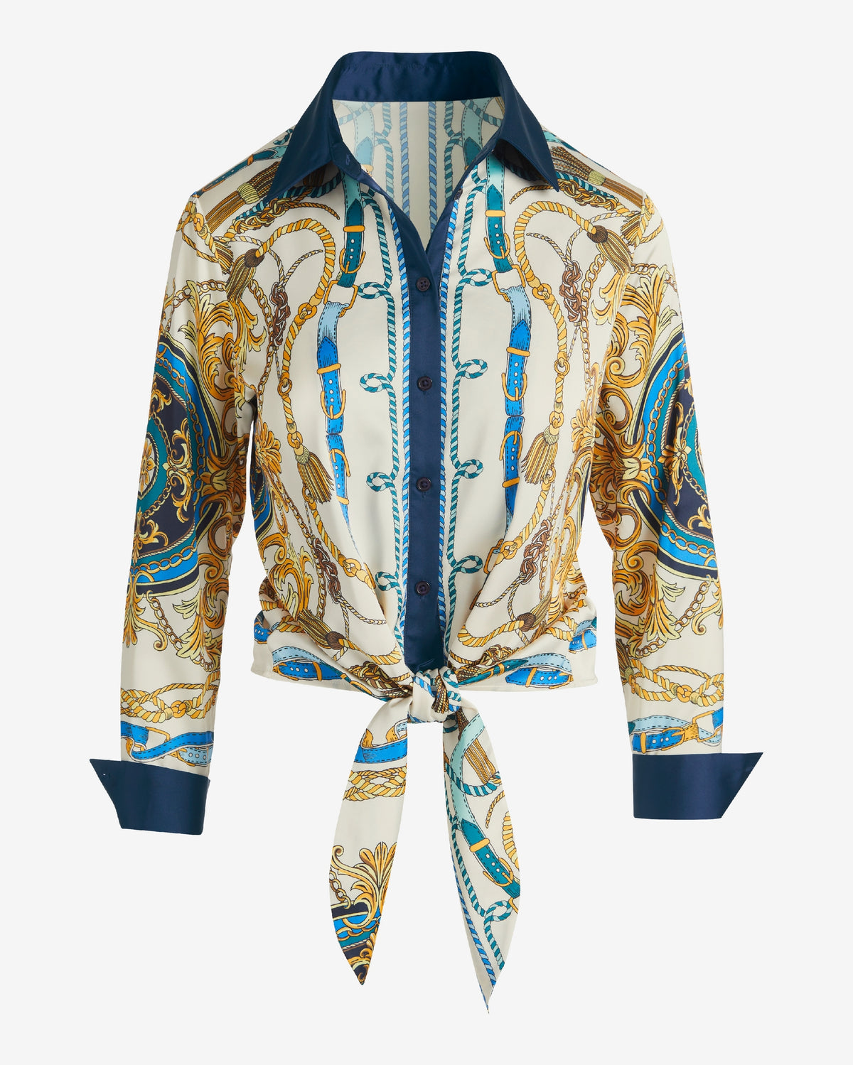 Printed Charmeuse Tie-Front Shirt Into The Blue