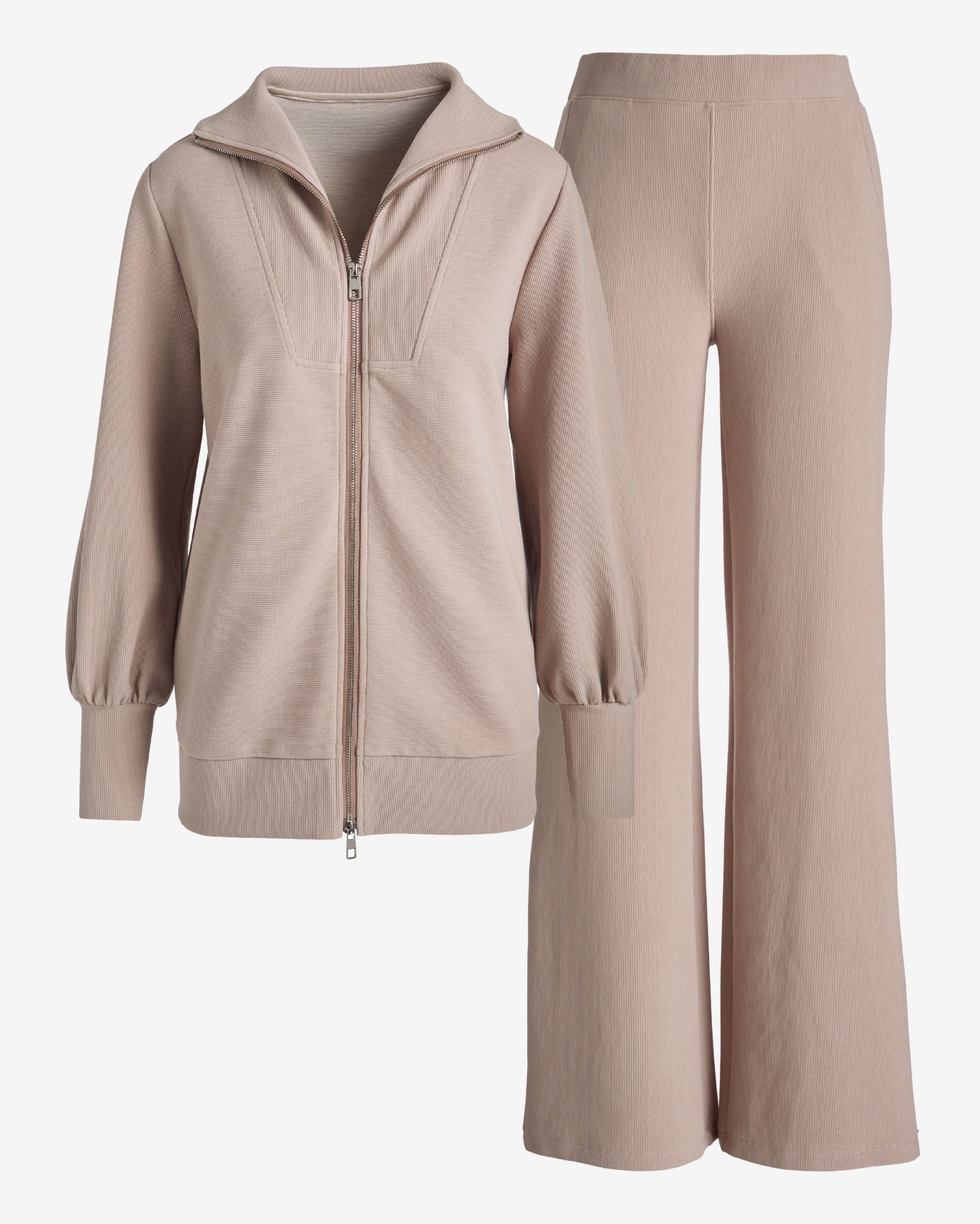 Ribbed Zip Up Sweatshirt and Wide Leg Pant Set Taupe