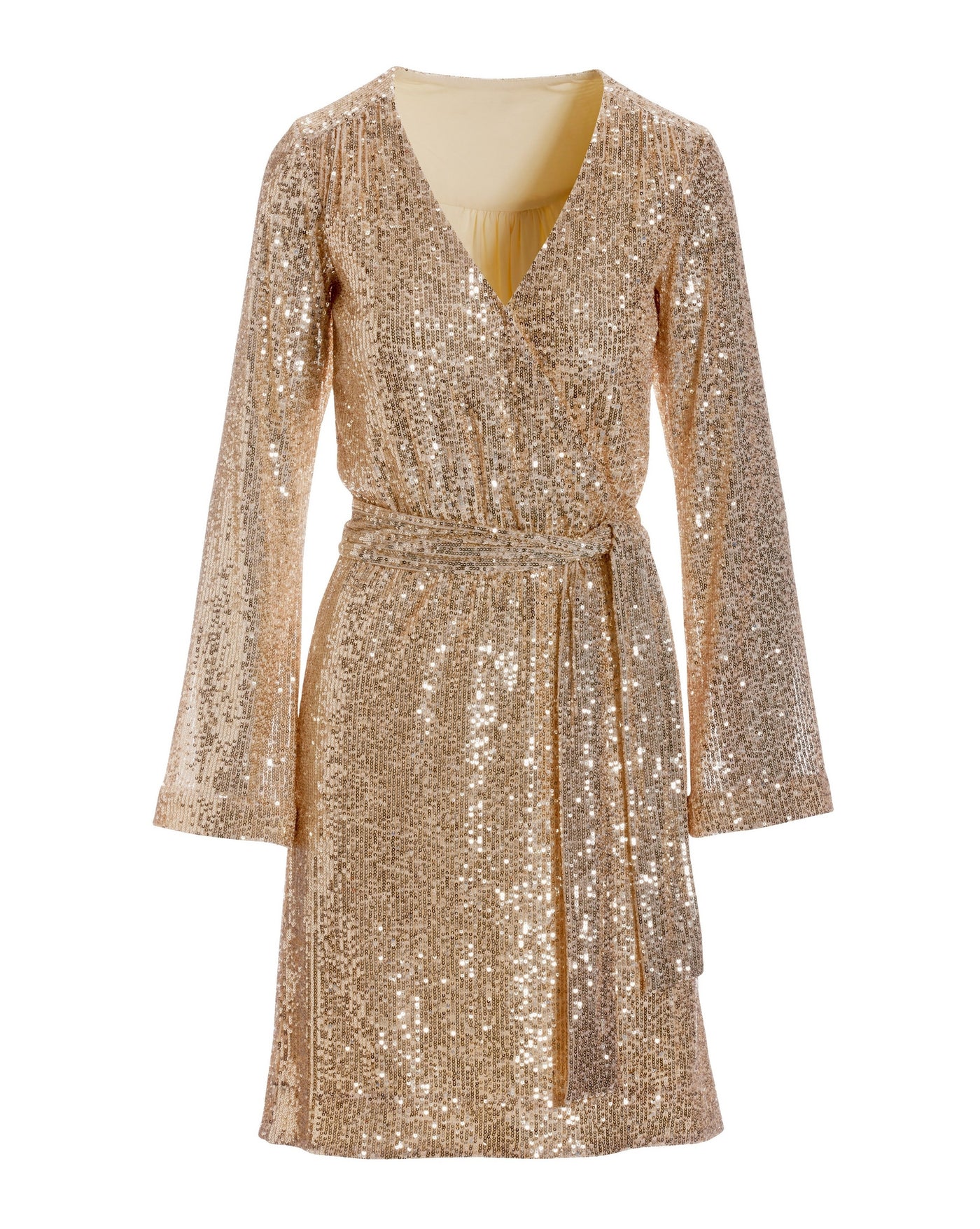Sequin Tie Waist Bell Sleeve Dress Gold