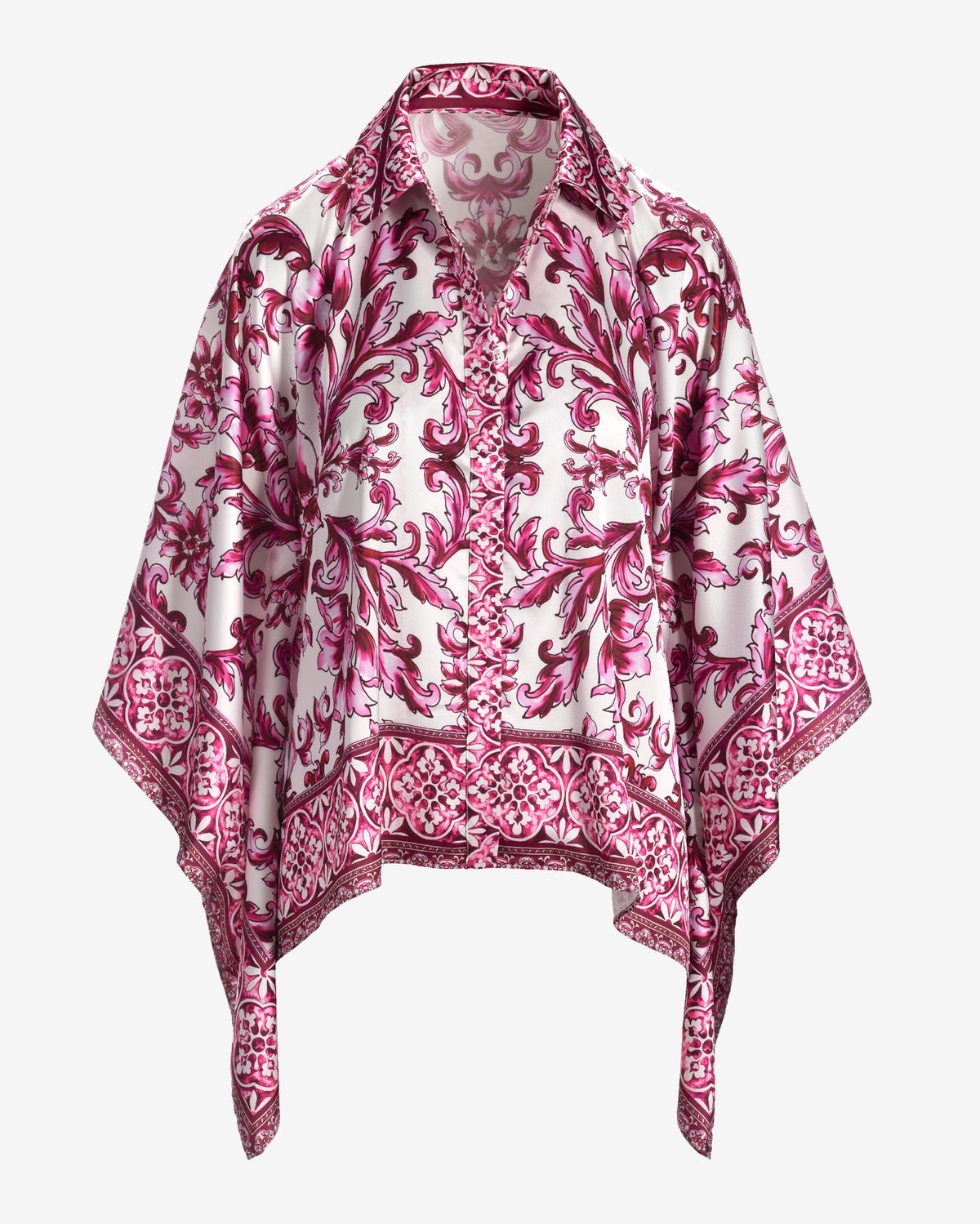 Bella Vita Border Print Roxy Poncho charmeuse blouse Pink Multi