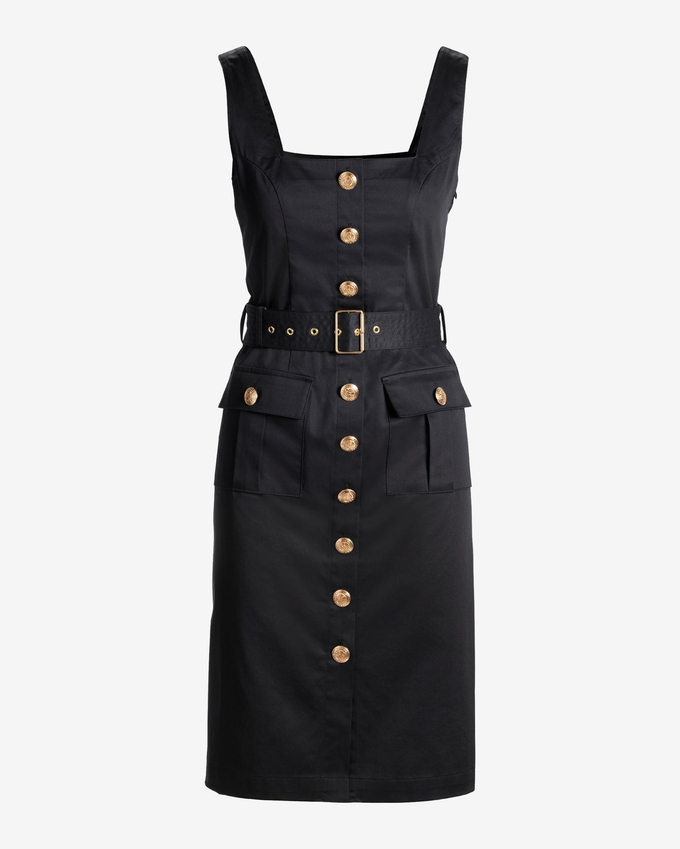 Crest Button Detail Belted Midi Sheath Dress Black