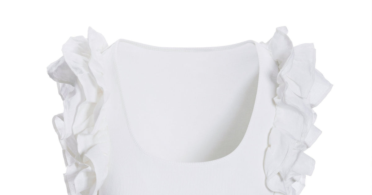 Linen Ruffle Ribbed Top - White & Boston Proper