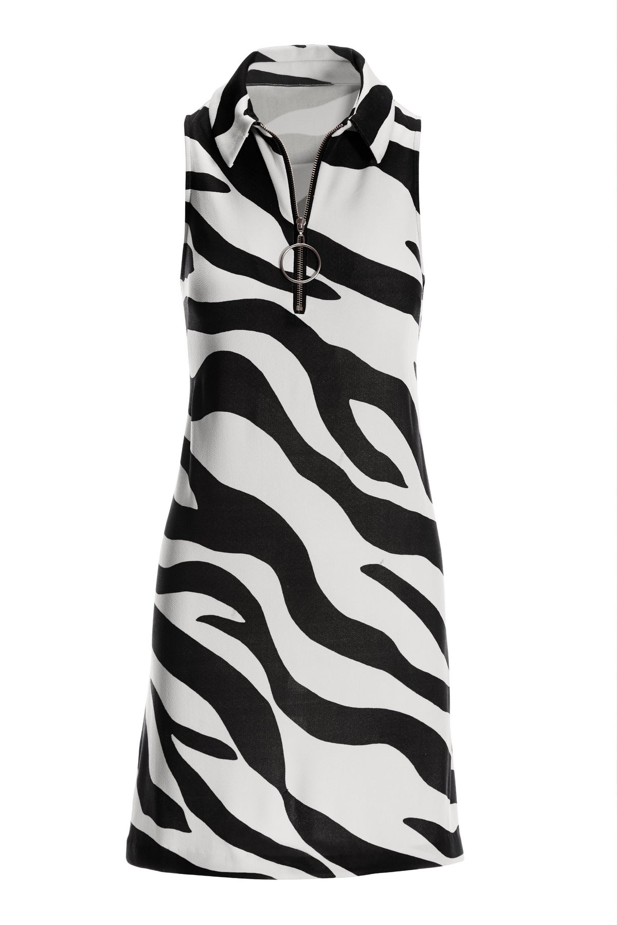 Zebra Print Collared Zip Dress 2BA41 Black/White