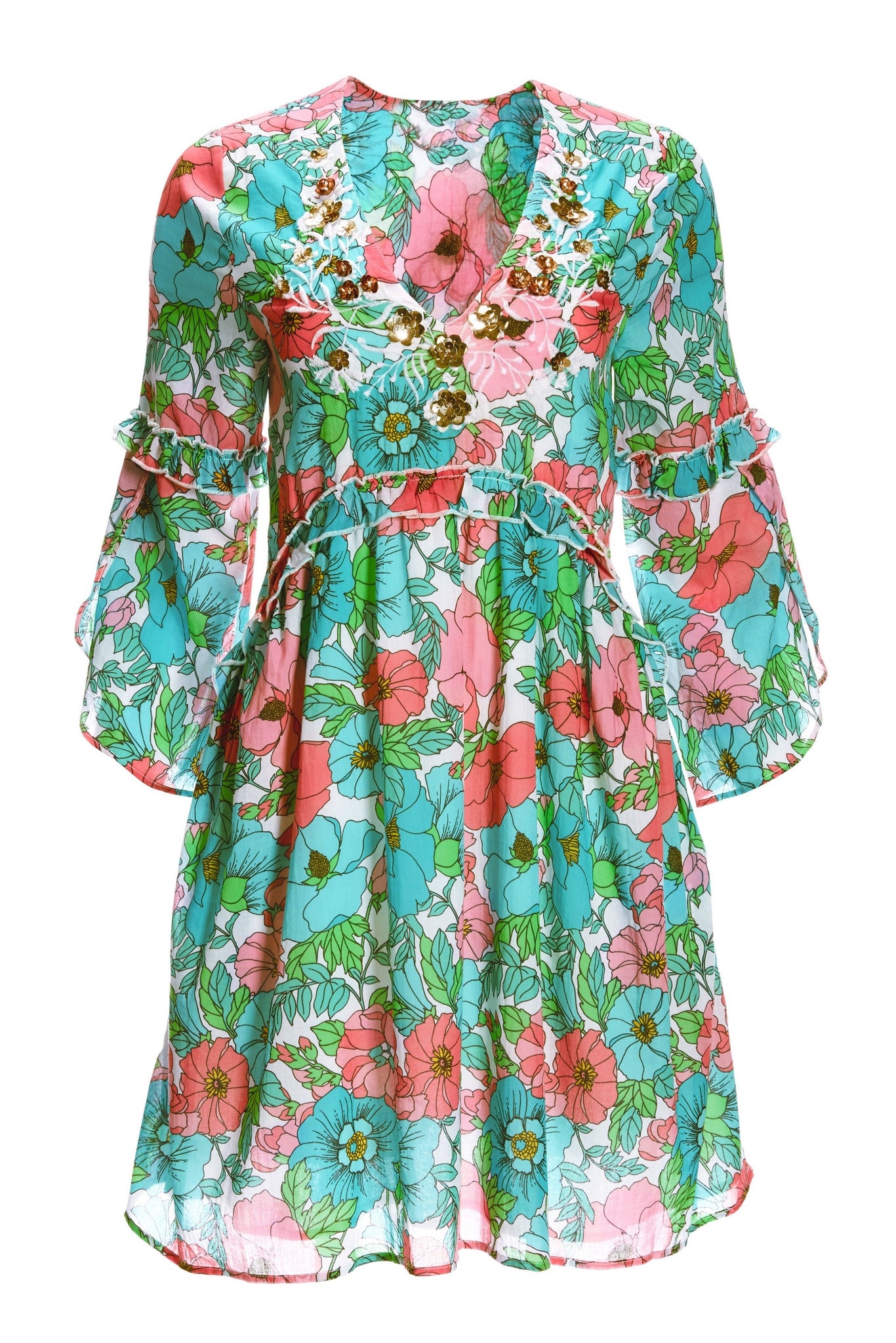Bouquet of Summer Embellished Peasant Dress Multi