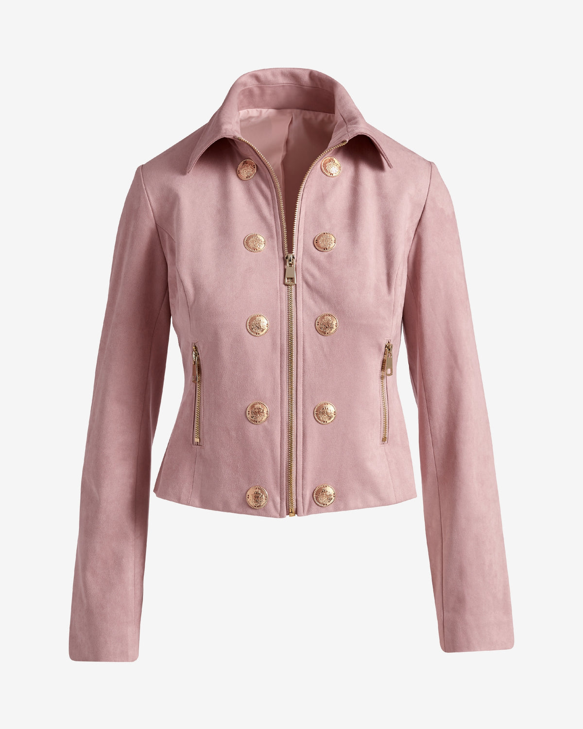 Zip Front Crest Button Faux Suede Jacket Pink