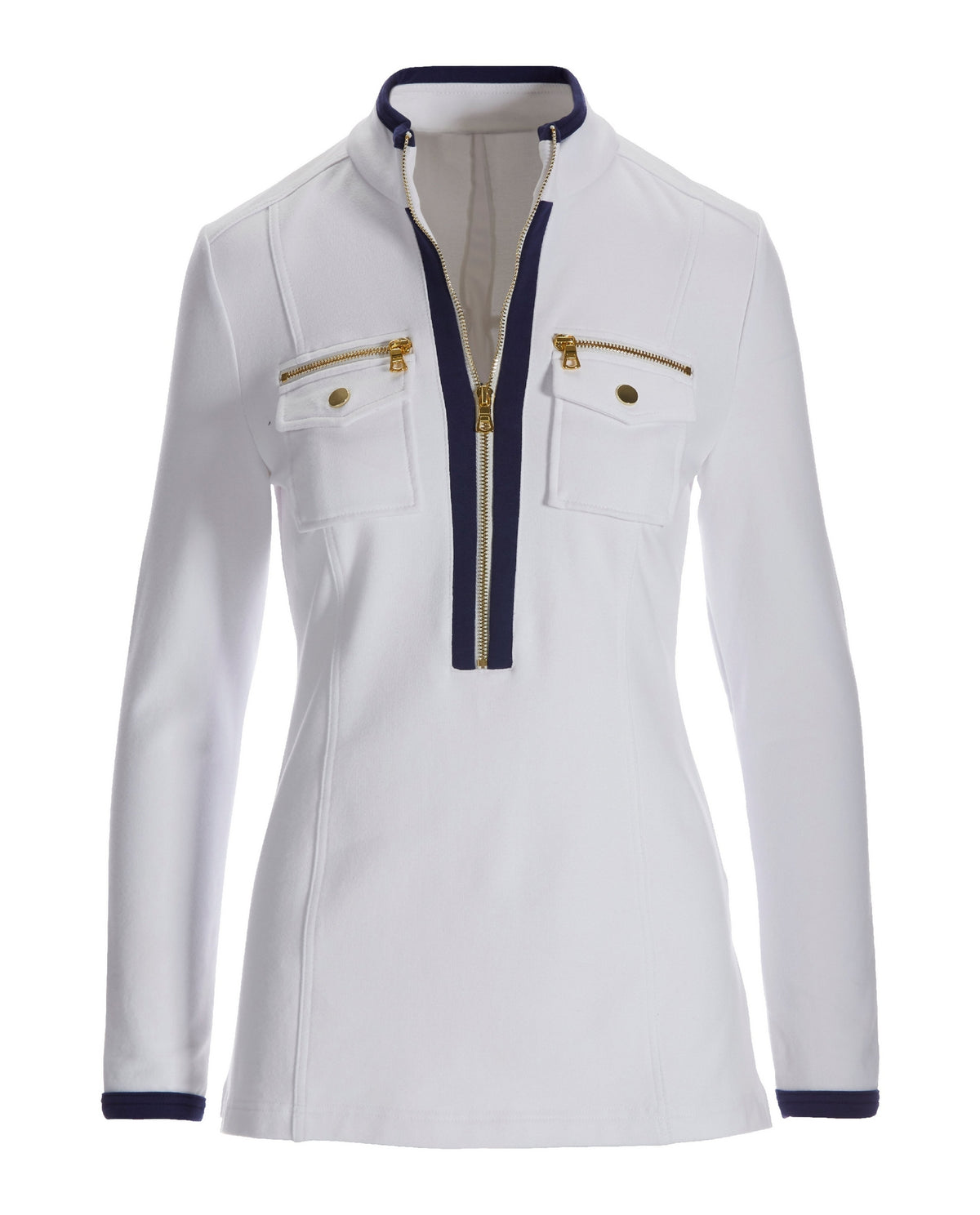 Long Sleeve Chic Zip Top White Navy