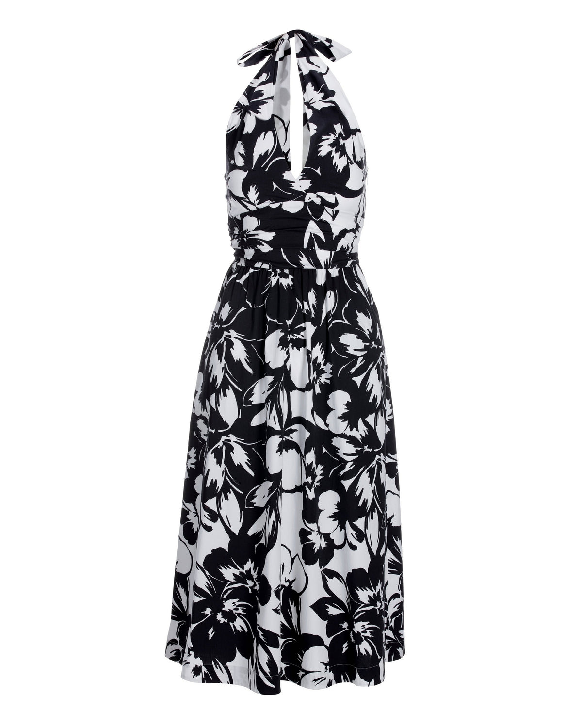 Exploded Florals Print Halter Fit-And-Flare Midi Dress Black/White