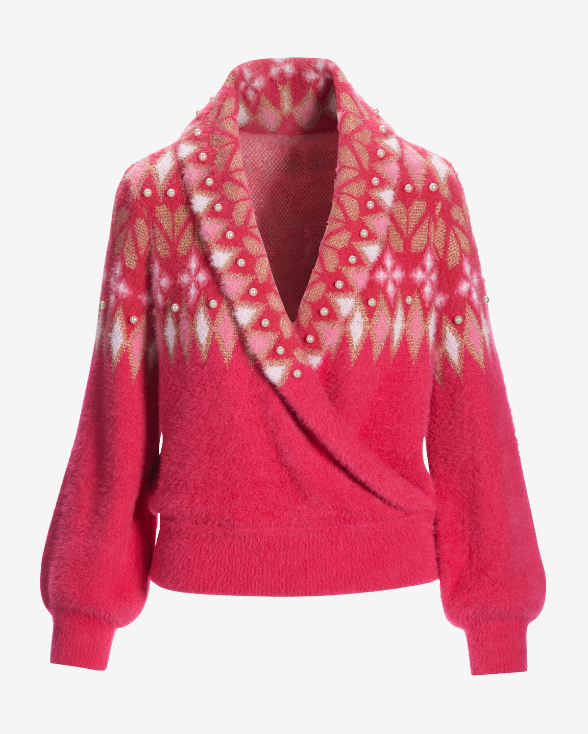 Fair Isle Shawl Collar Sweater Raspberry