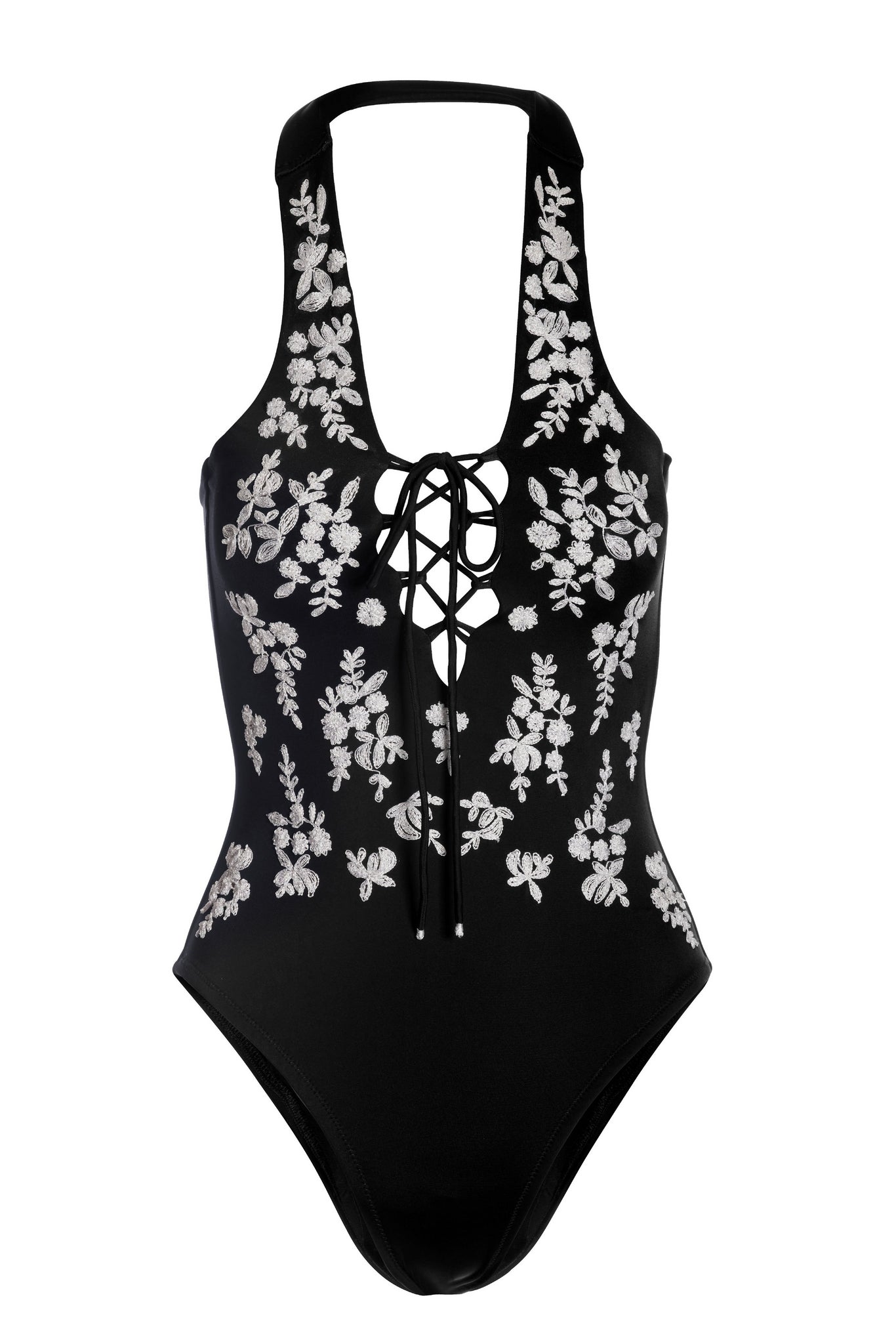 Embroidered Plunge One Piece Black