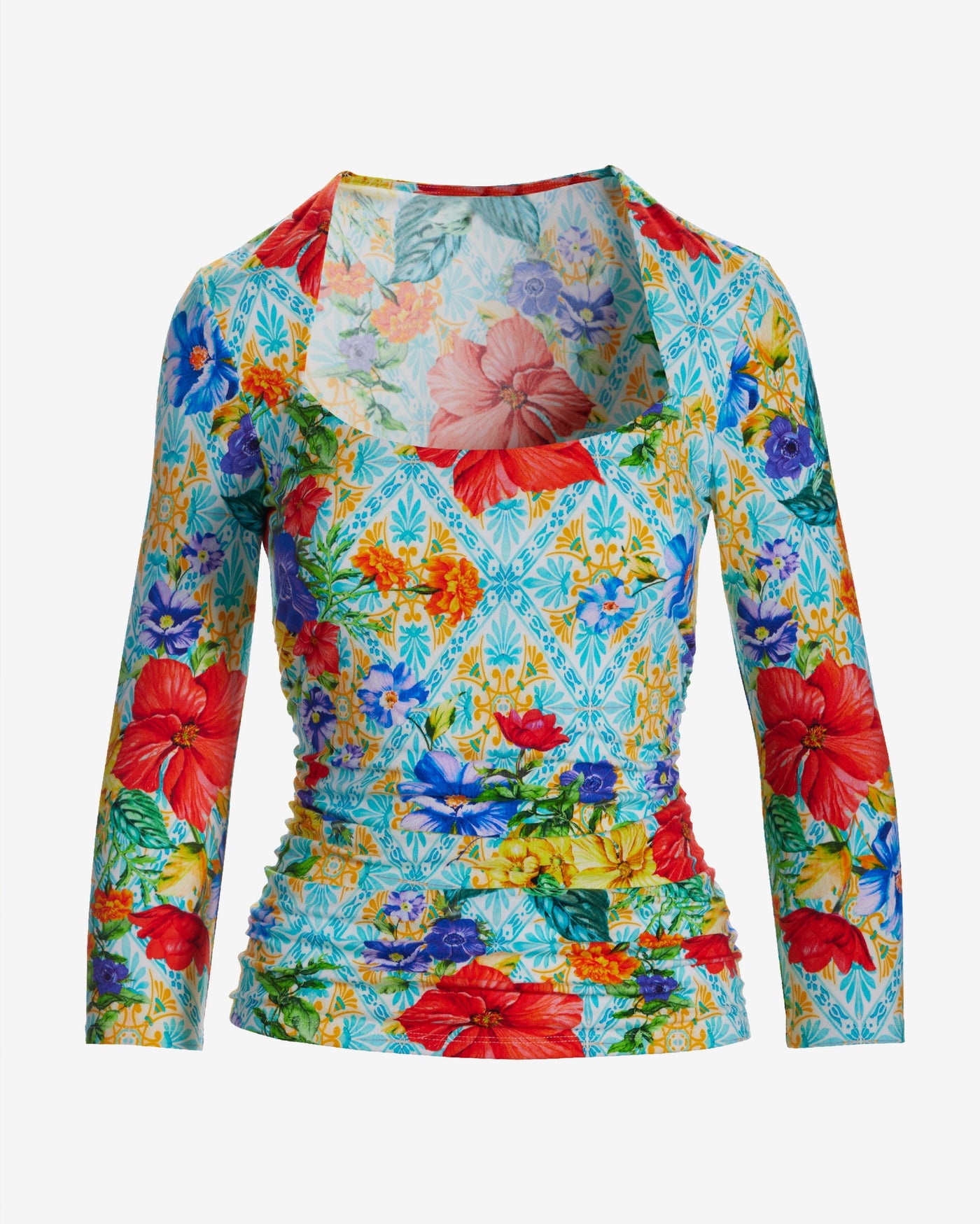 So Sexy Ruched Three Quarter Sleeve Print Top Amalfi Tiles