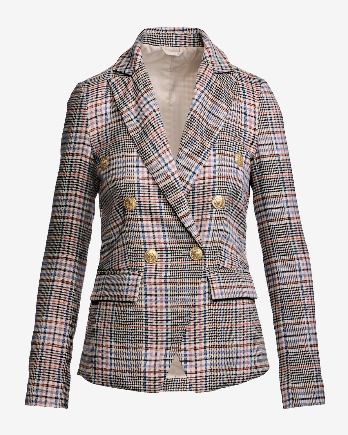 Chic Plaid Double Breasted Blazer Ivory Multi