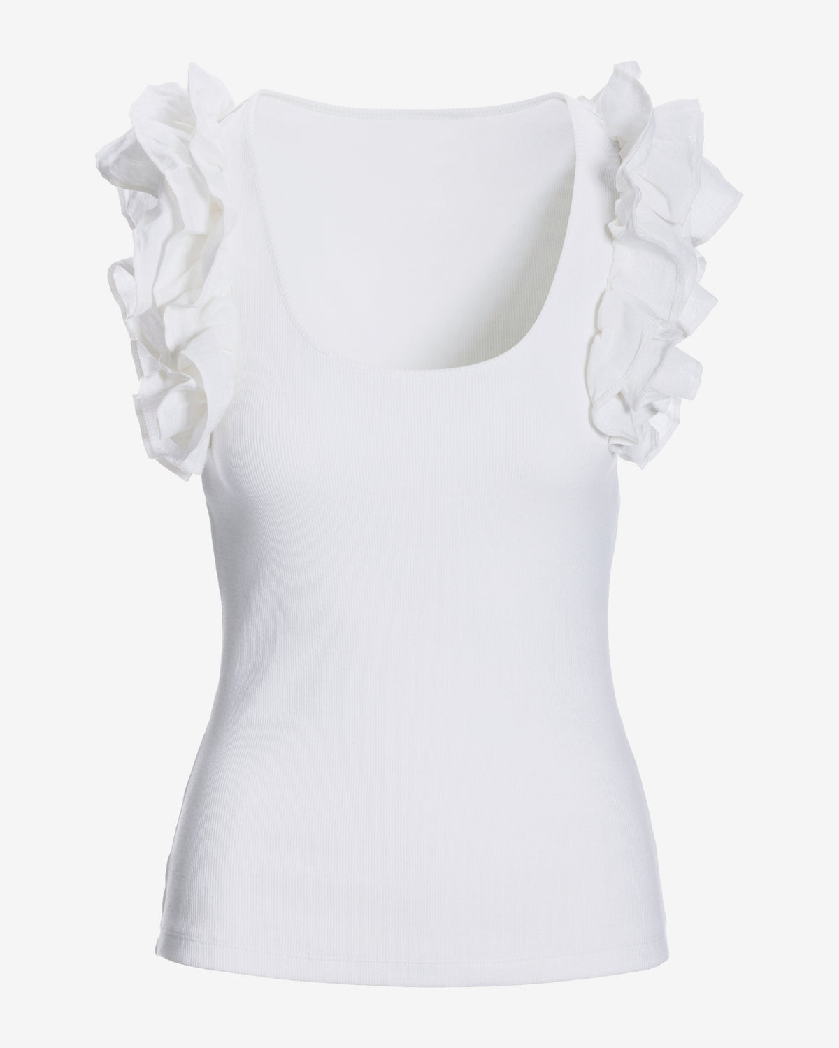 Linen Ruffle Ribbed Top White