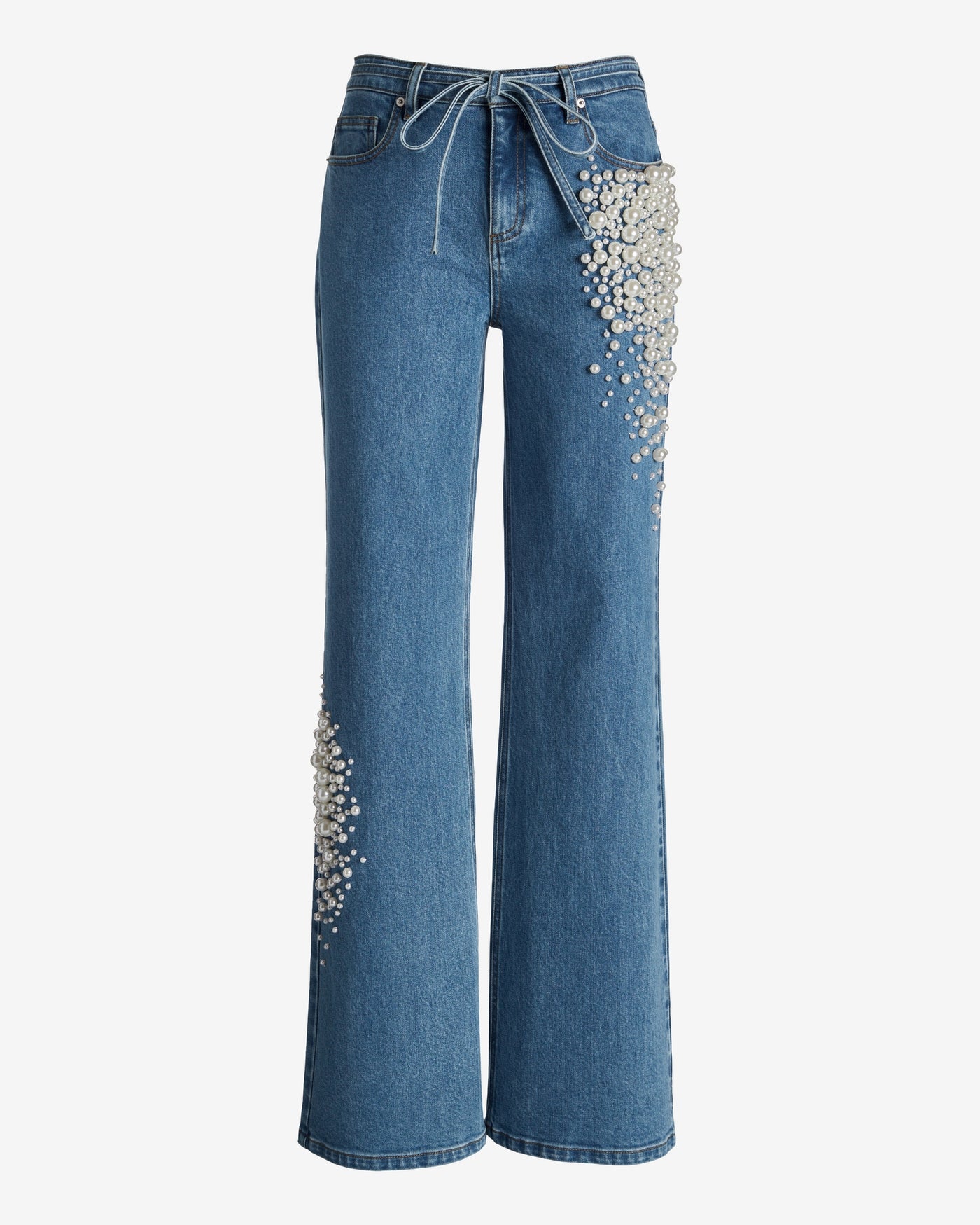 Pearl Embellished Wide Leg Jean Medium Wash