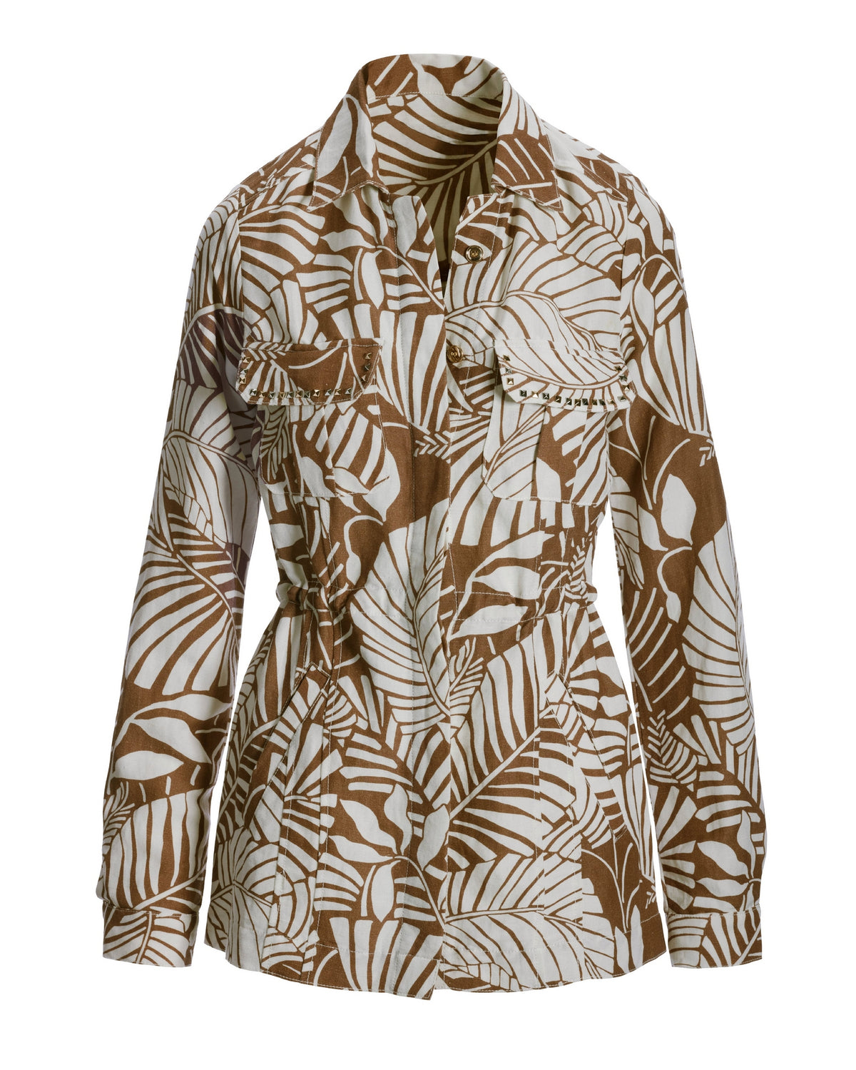 Outlined Florals Print Embellished Linen Utility Jacket Brown/White